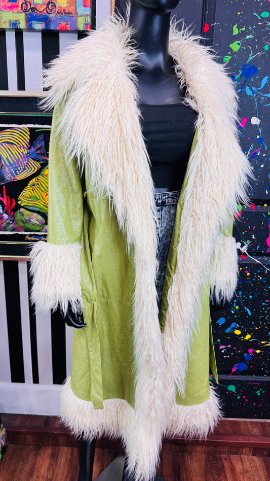Green Faux Fur Accent Trench (14) Oversized*