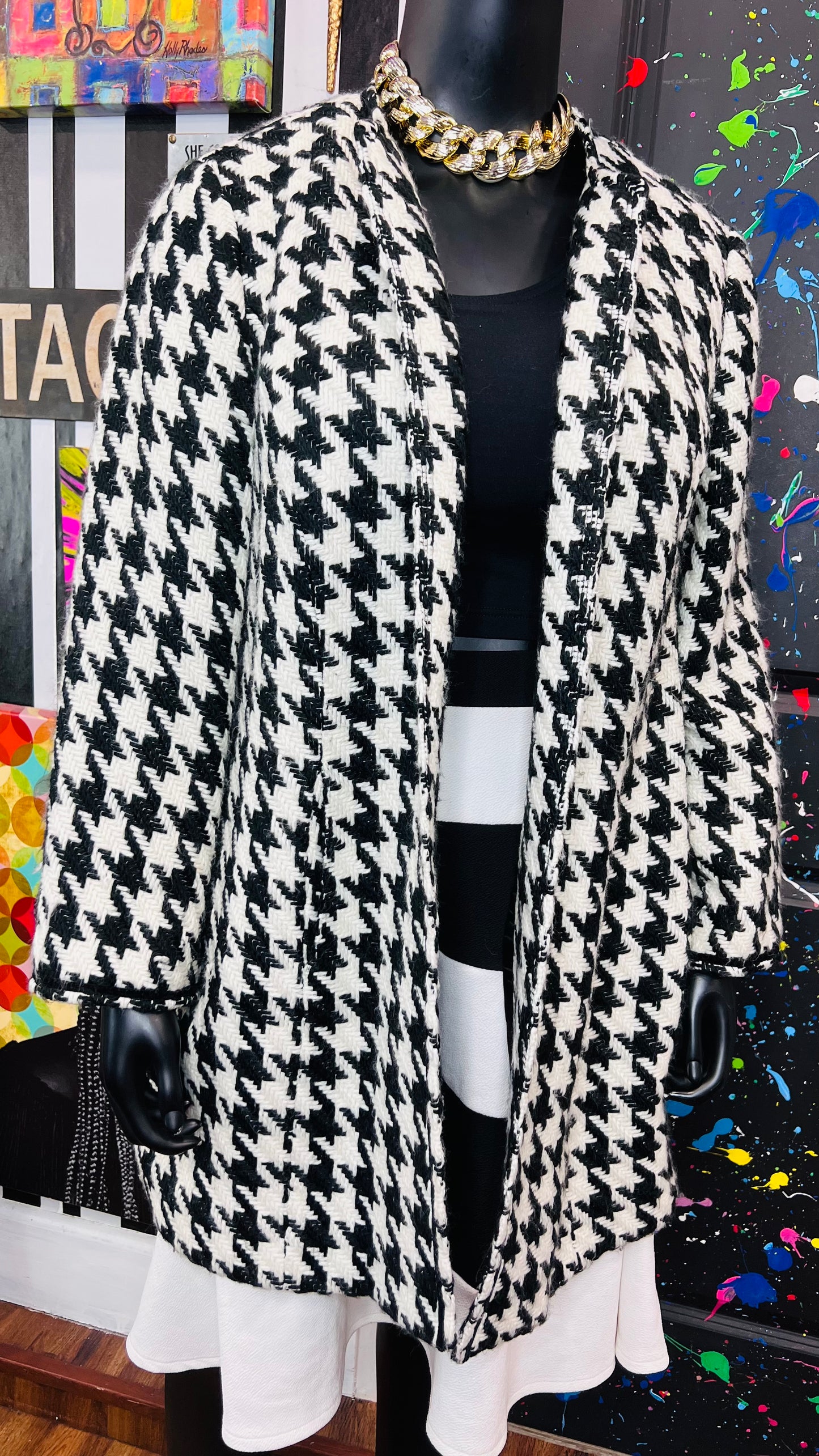 Vintage Black & White Houndstooth Wool Coat (20W)