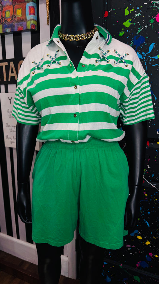Vintage Cotton Green & White Striped Romper (14/16) *KC