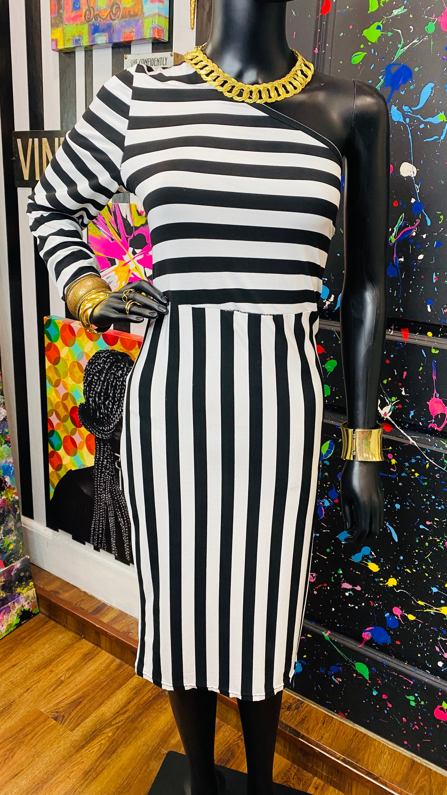 One Shoulder Black & White Striped BodyCon Dress (16/18)