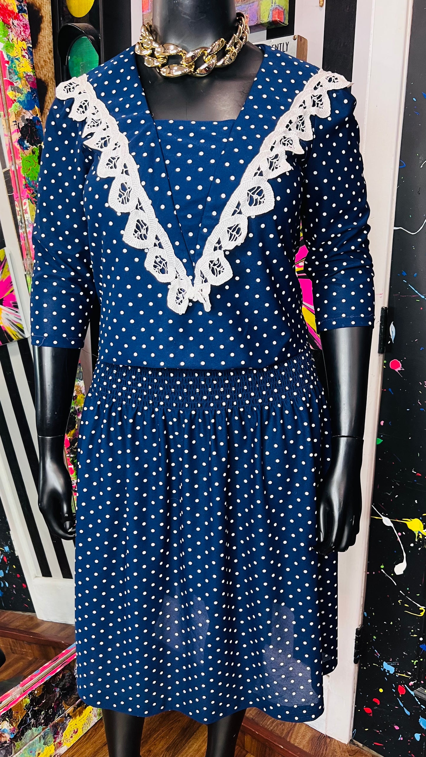 Vintage Navy Blue & White Polka Dot Dress (12)