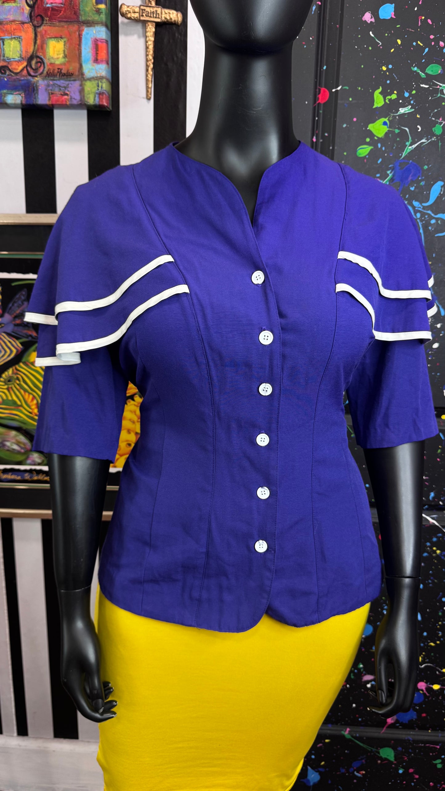 Vintage Chic Purple & White Ruffle Blouse (18) *KC