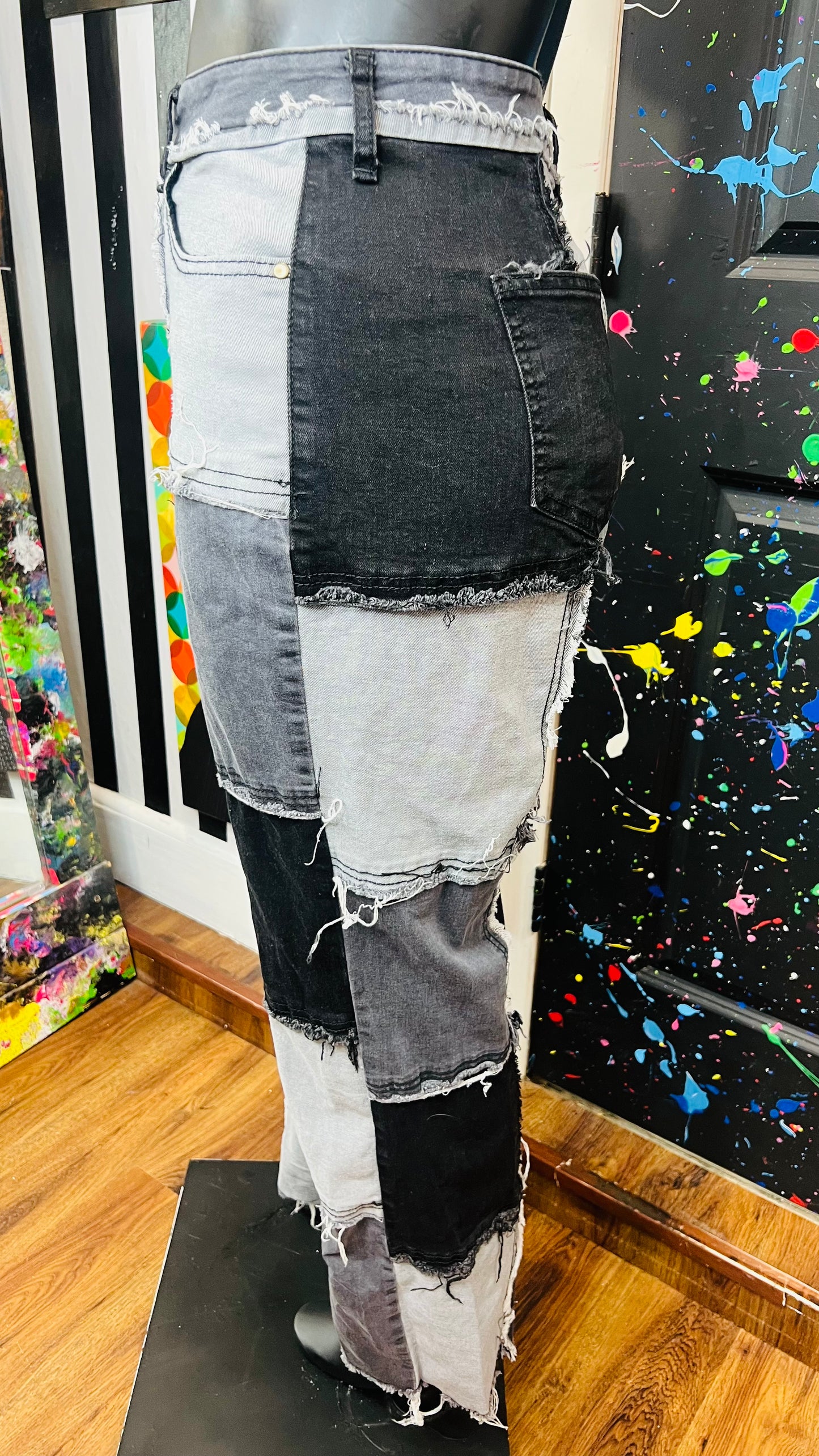 Patchwork Grey & Black Denim Stretch Jeans (16)