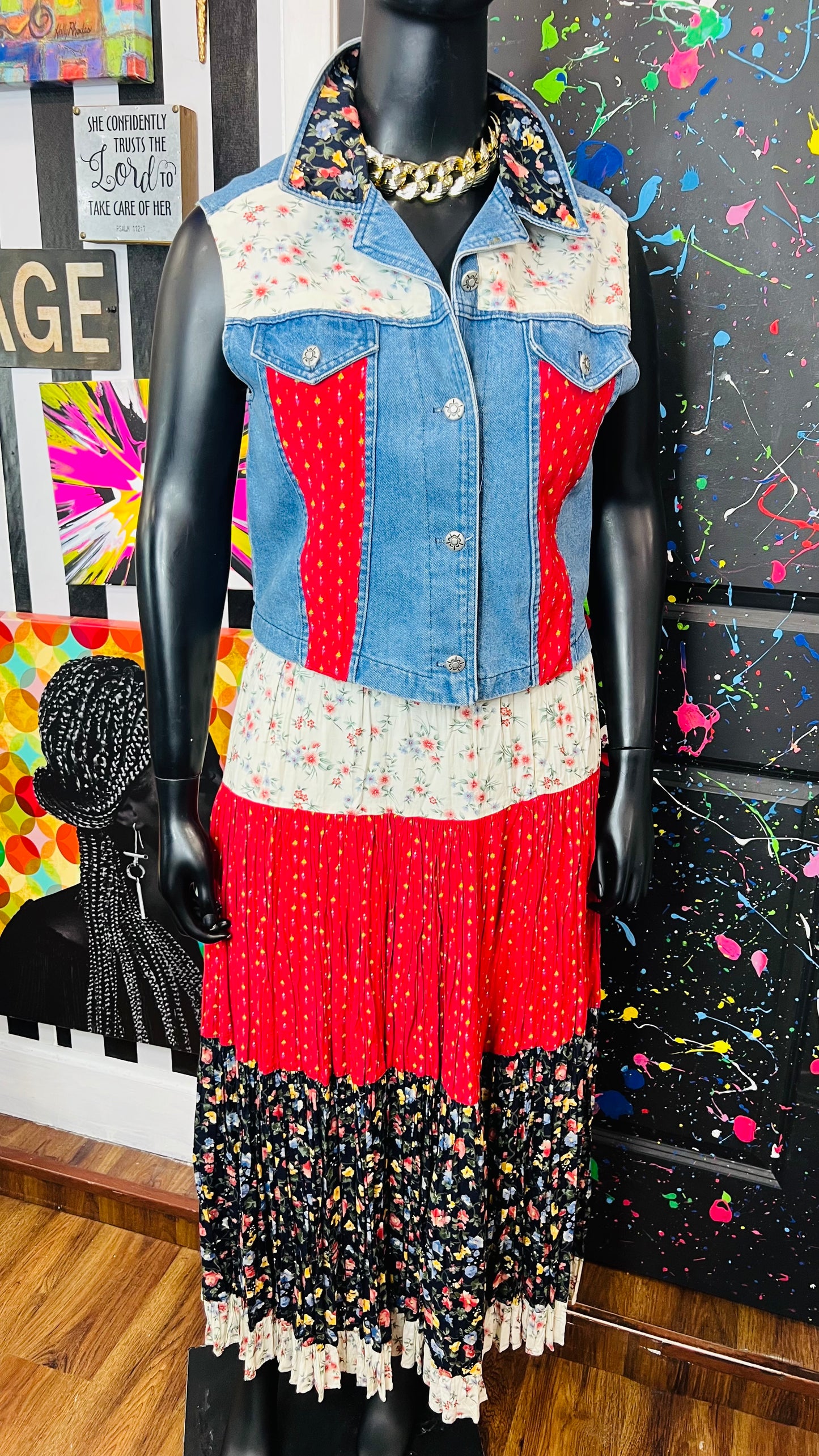 Vintage Denim Vest & Floral Skirt Set (14/16)