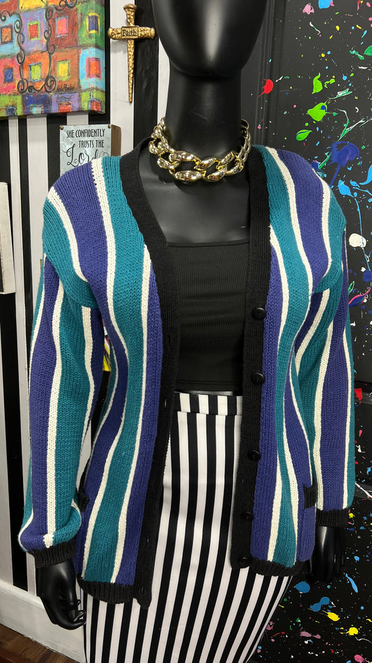 Vintage Blue Black & White Striped Cardigan (16)
