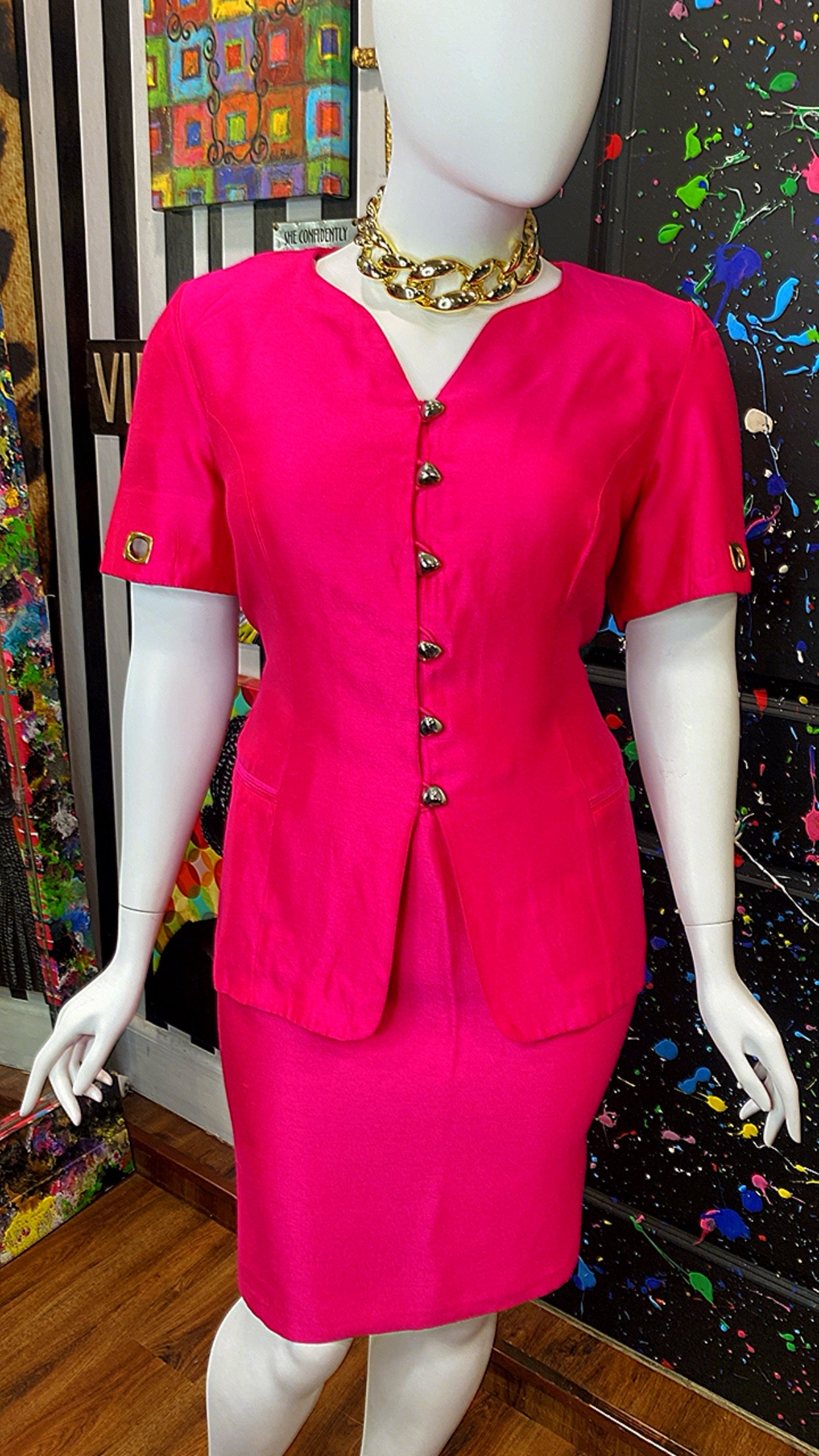 Vintage Vibrant Pink Skirt Suit W/ Gold Accents (20W)