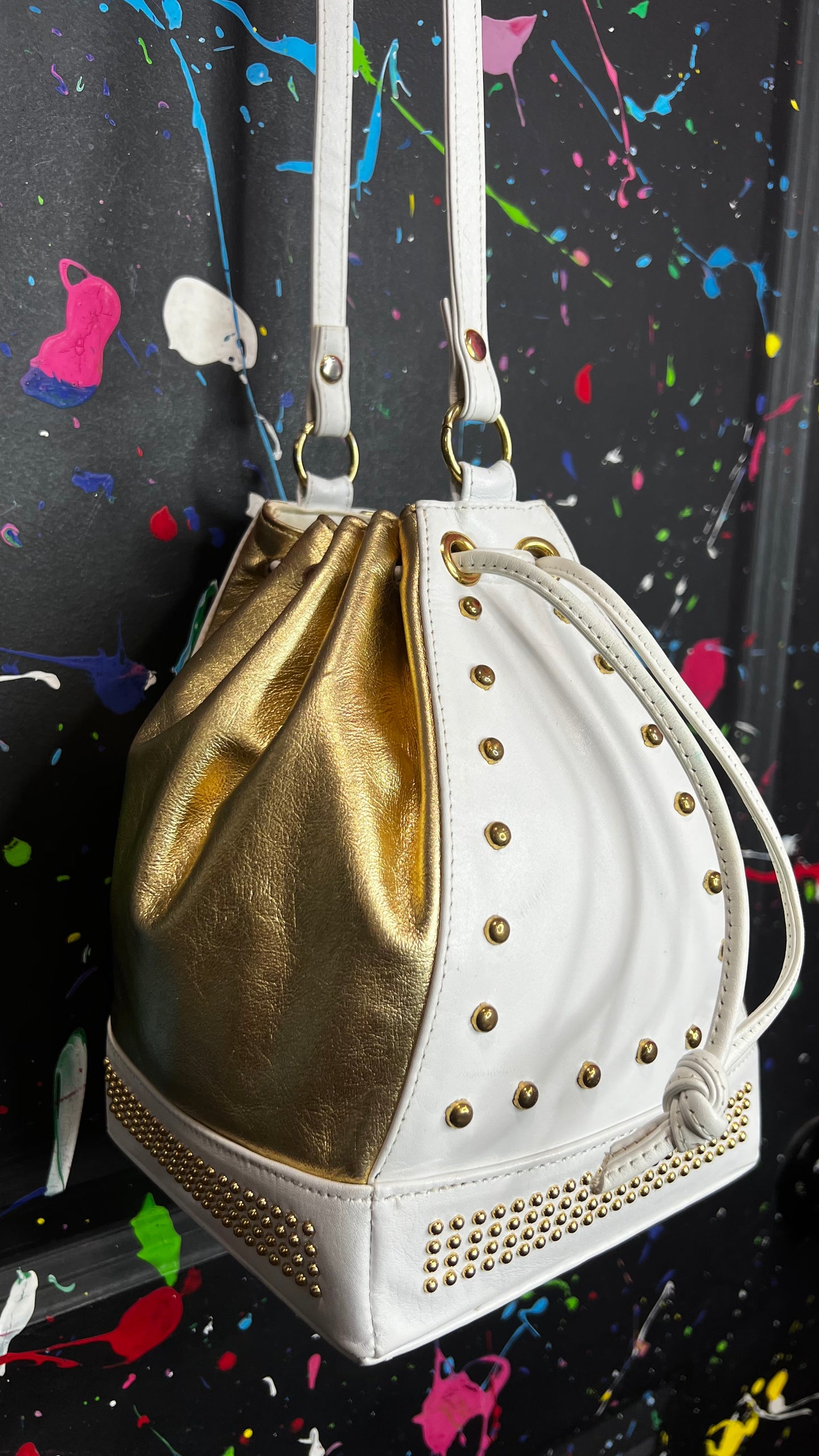 Vintage Genuine Leather Gold & White Studded Bucket Bag