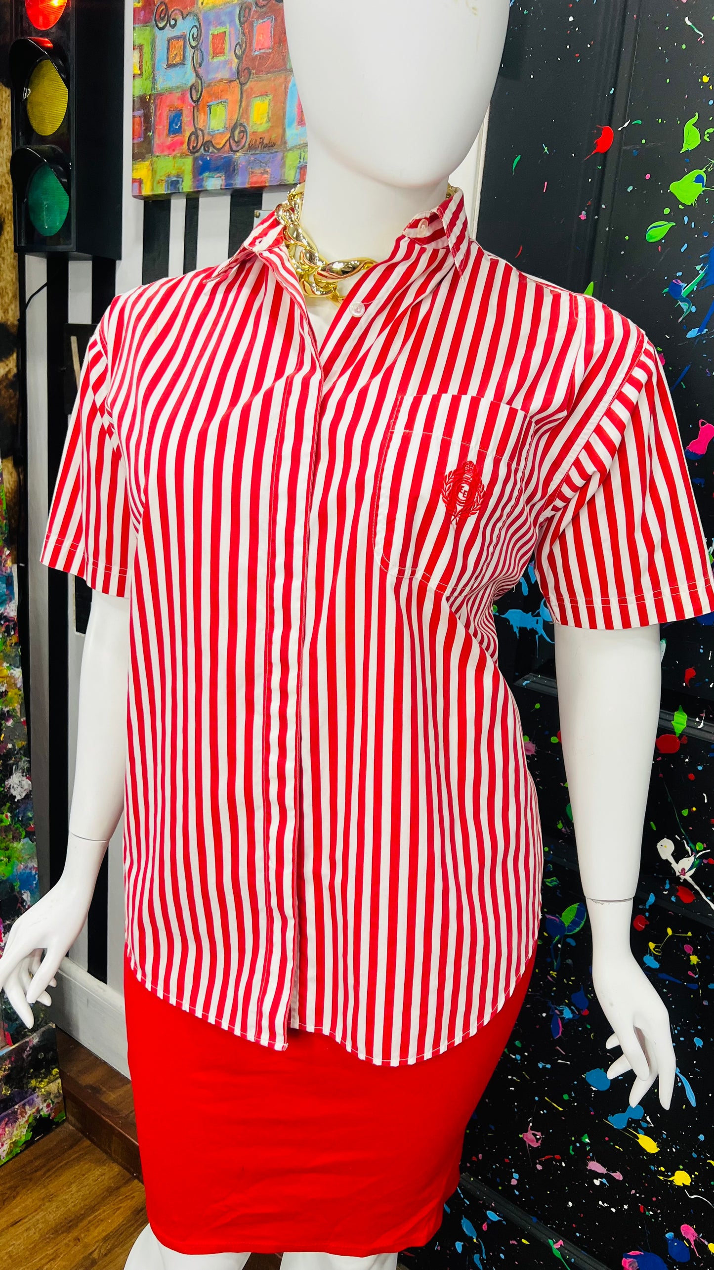 Vintage Cotton Red & White Striped Blouse (22W)