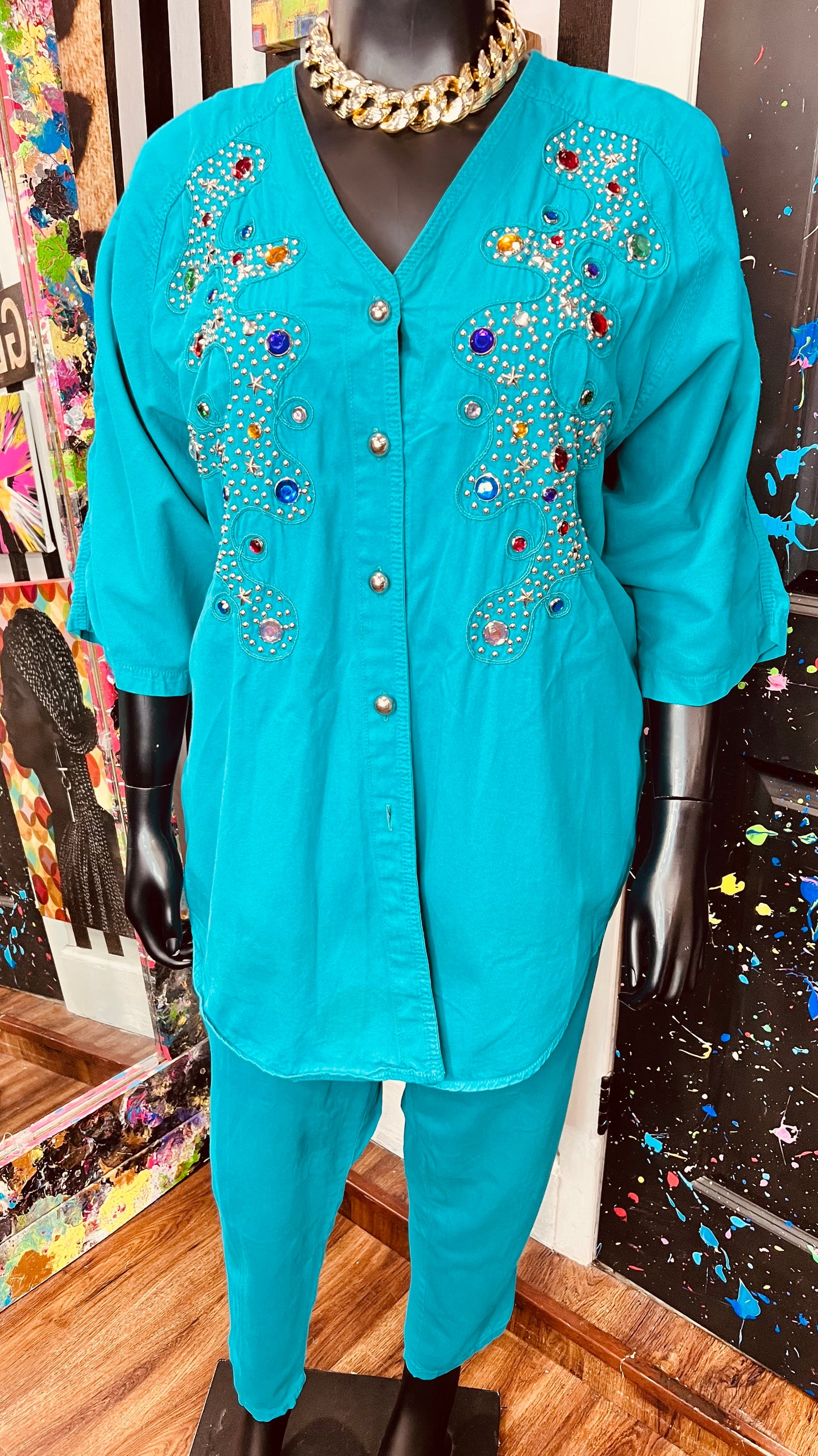 Vintage Teal Denim Jewel & Studds Pants Set (22/24)