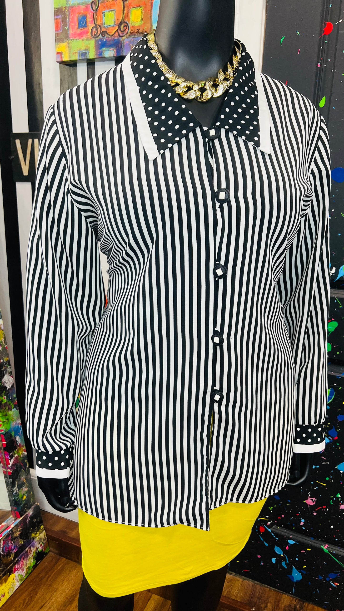 Vintage Polka Dot & Stripes Blouse - Black & White (18)