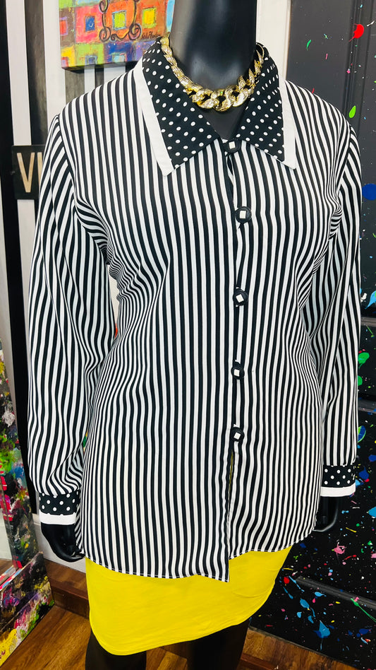 Vintage Polka Dot & Stripes Blouse - Black & White (18)
