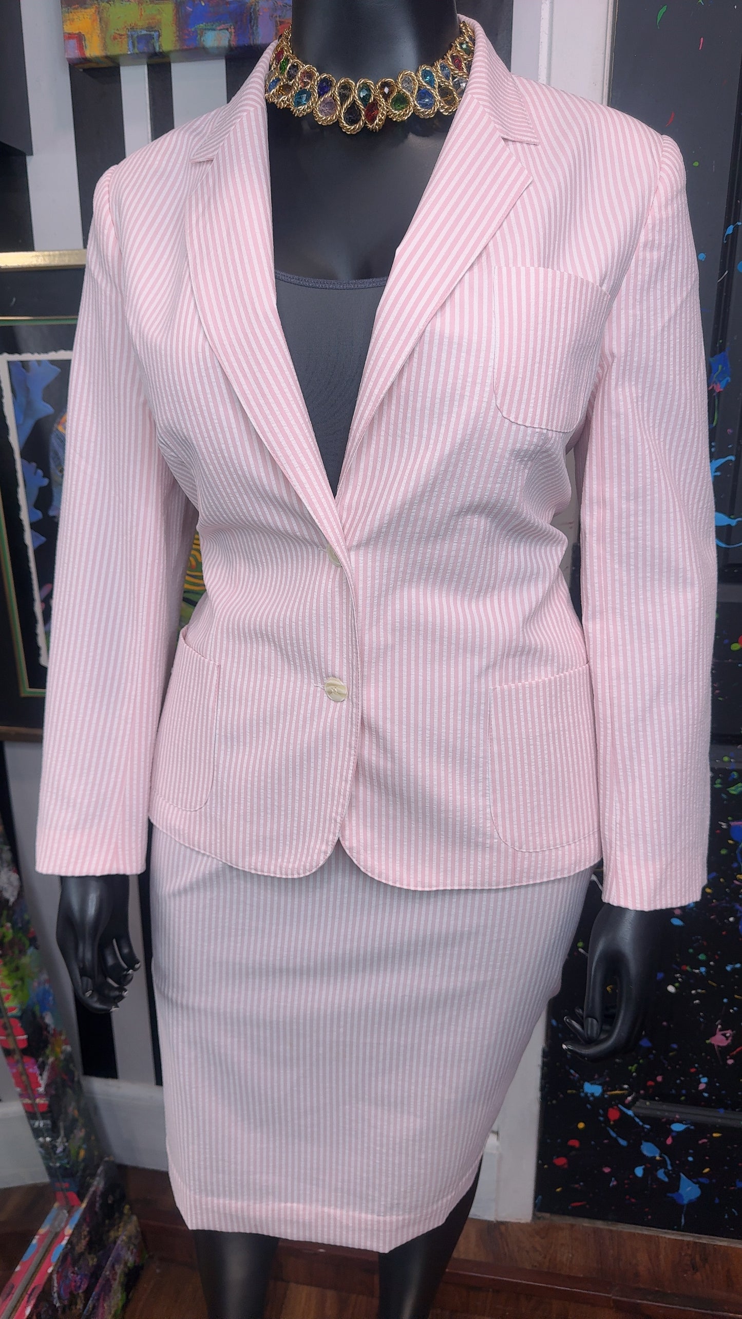 Vintage Pink & White Striped Blazer & Skirt Set (18)