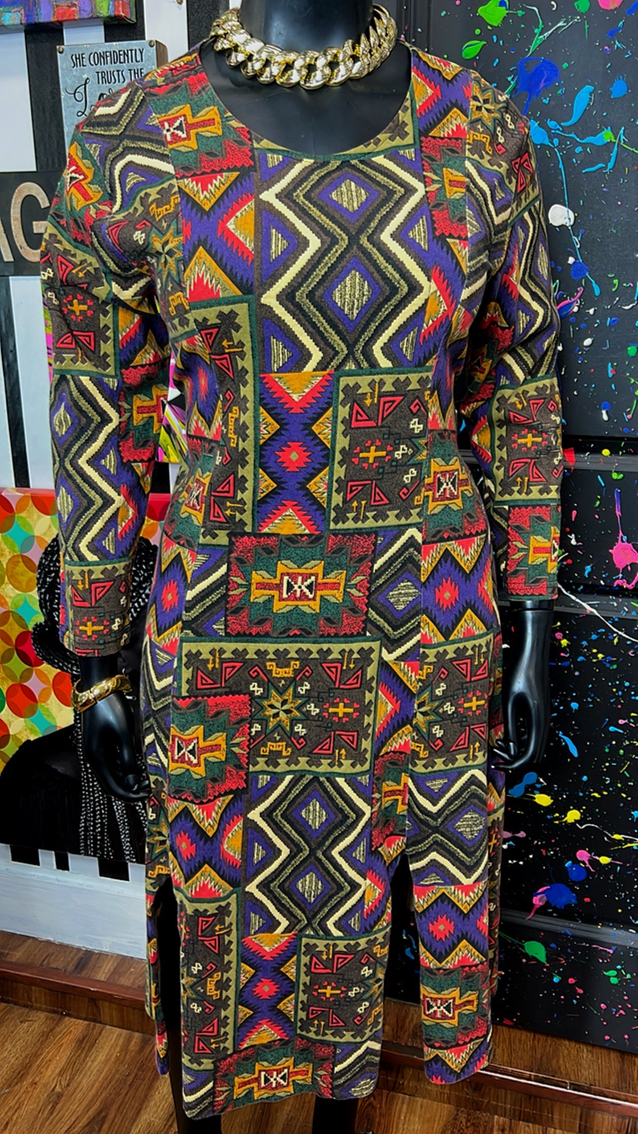 Vintage Cotton Tribal Print Dress (12/14)