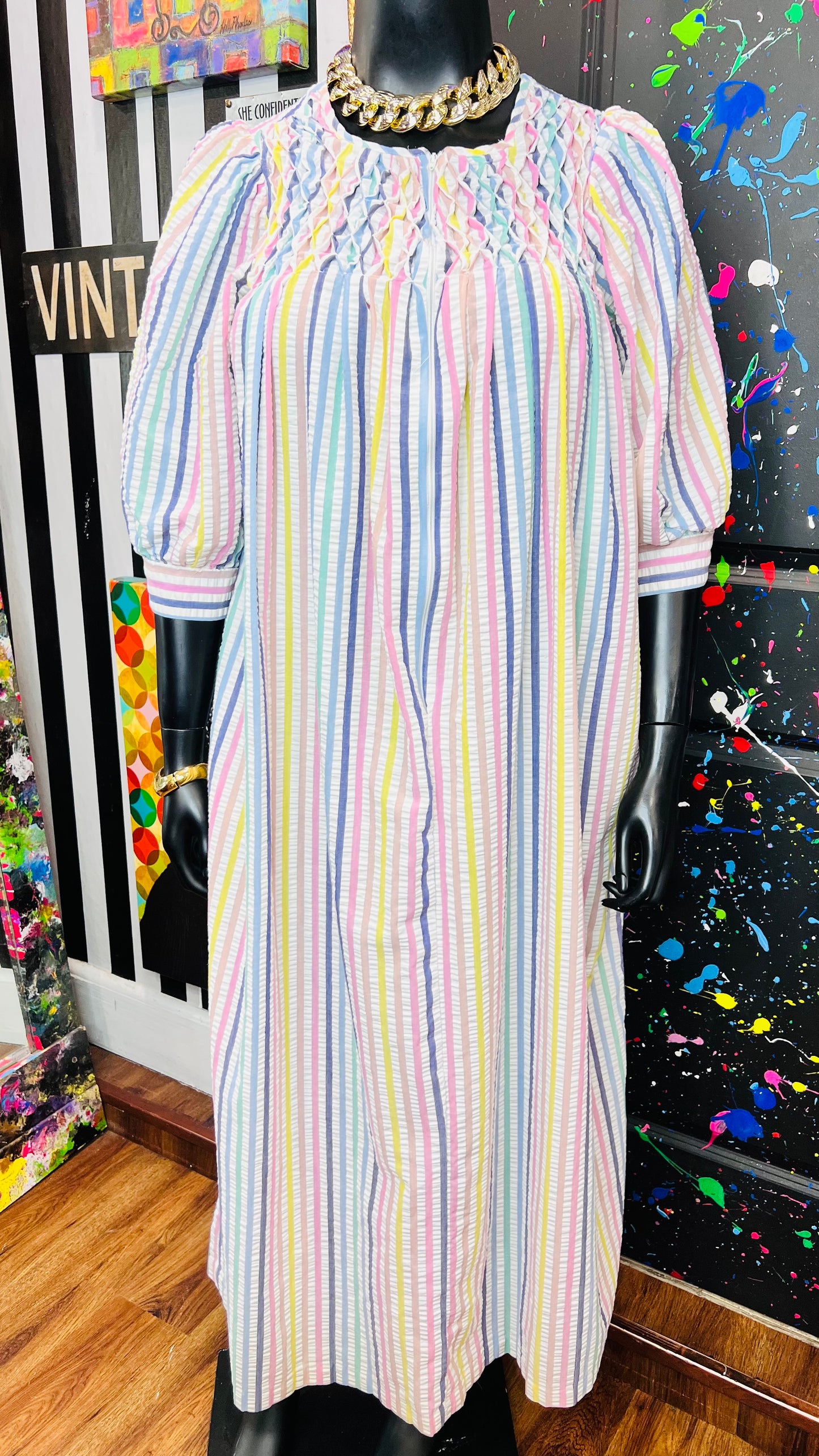 Vintage Striped Pastel Night 70’s Gown (12/14)