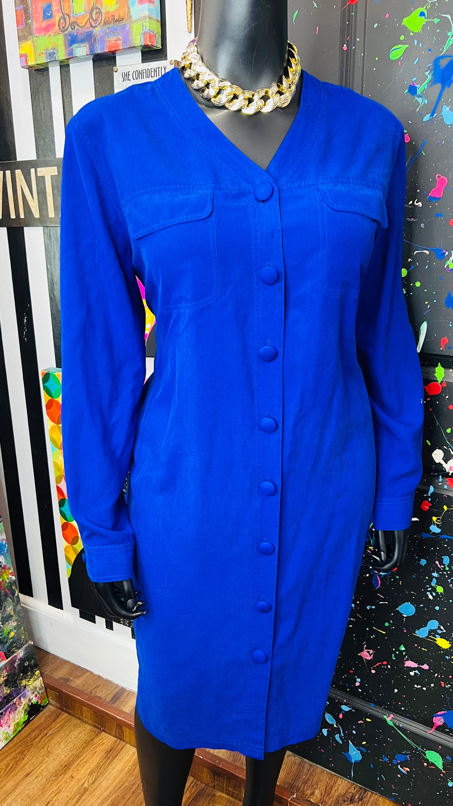 Vintage 100% Silk Cobalt Blue Dress (18)