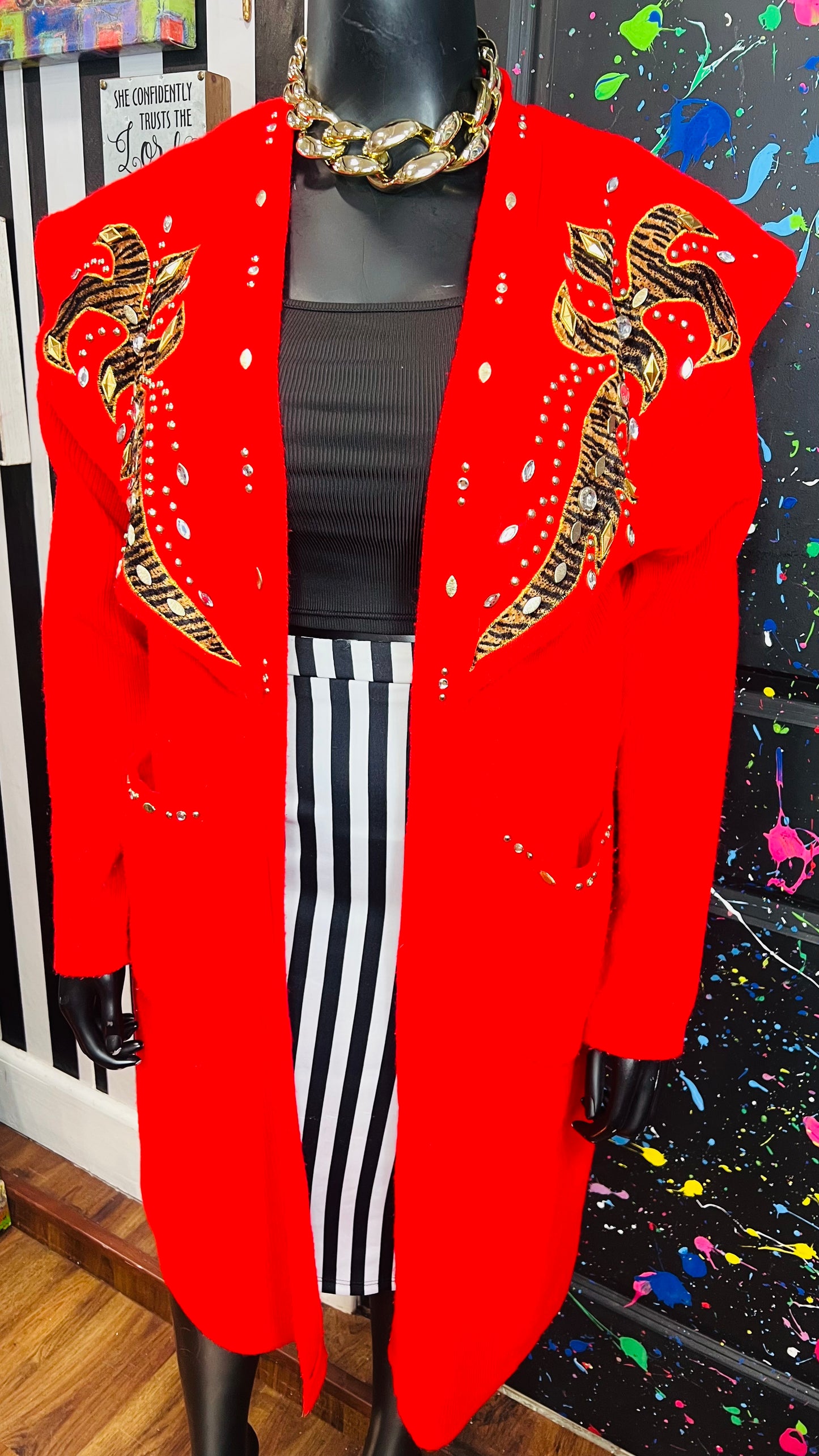 Vintage Red Knit Jeweled & Animal Print Sweater (OS)