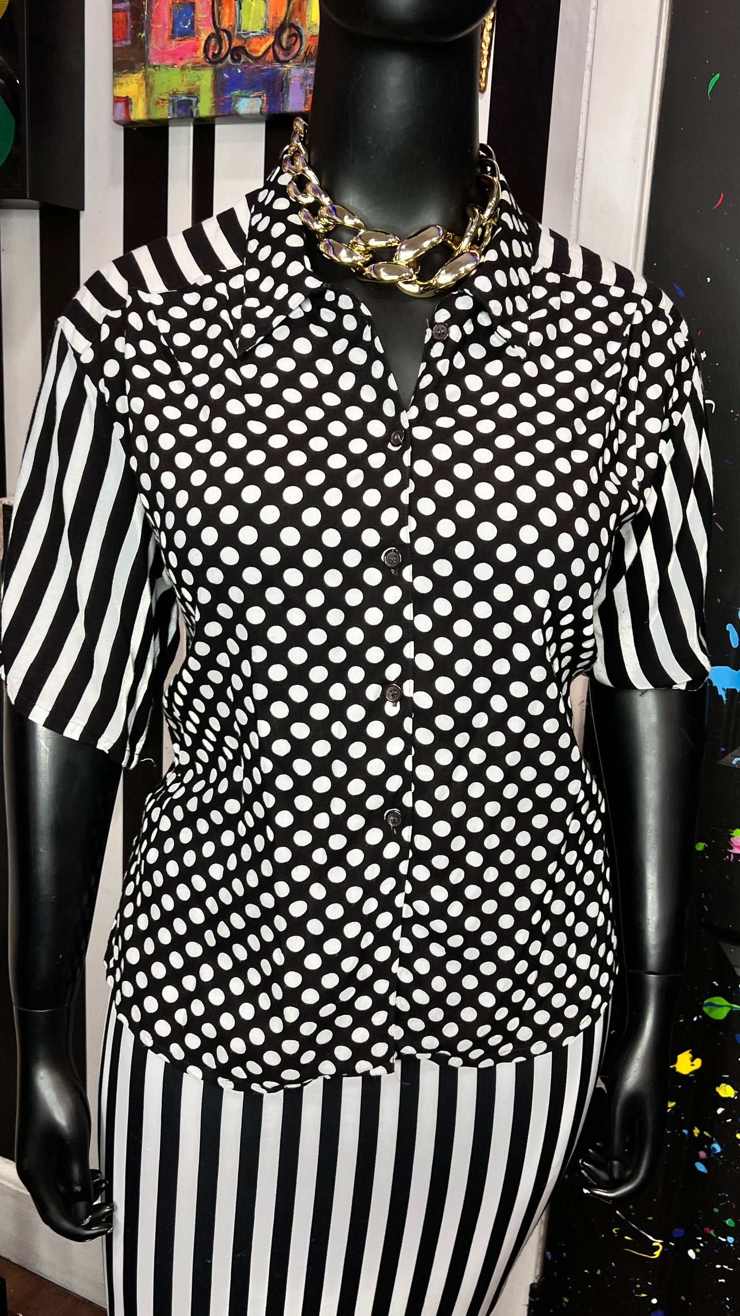 Vintage Rayon Polka Dot & Striped Blouse (20)