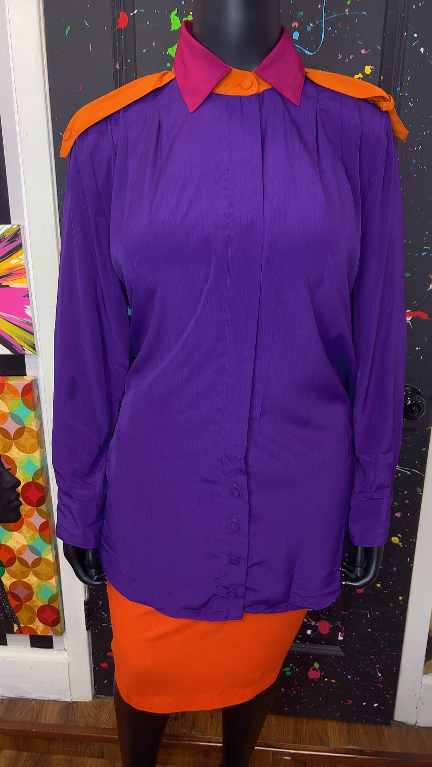 Vintage Purple Orange & Pink Pleated Blouse (22)