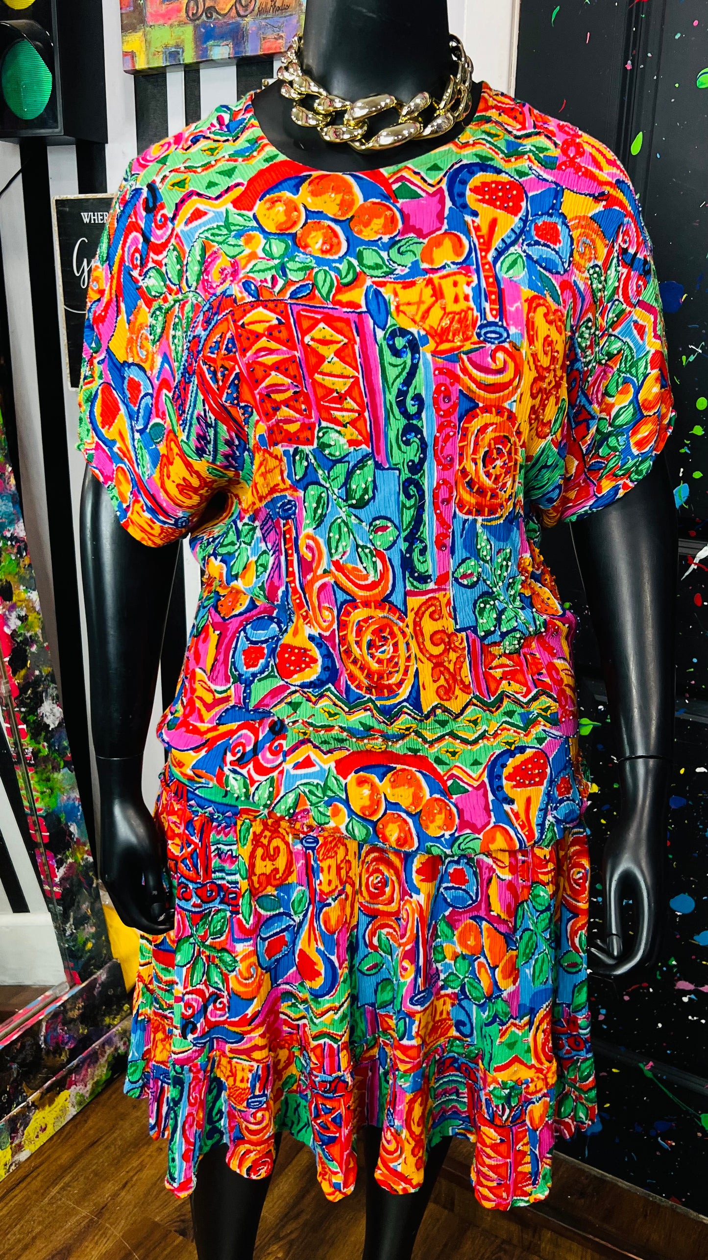 Vintage Sequin Rayon Floral Skirt Set (16) *KC