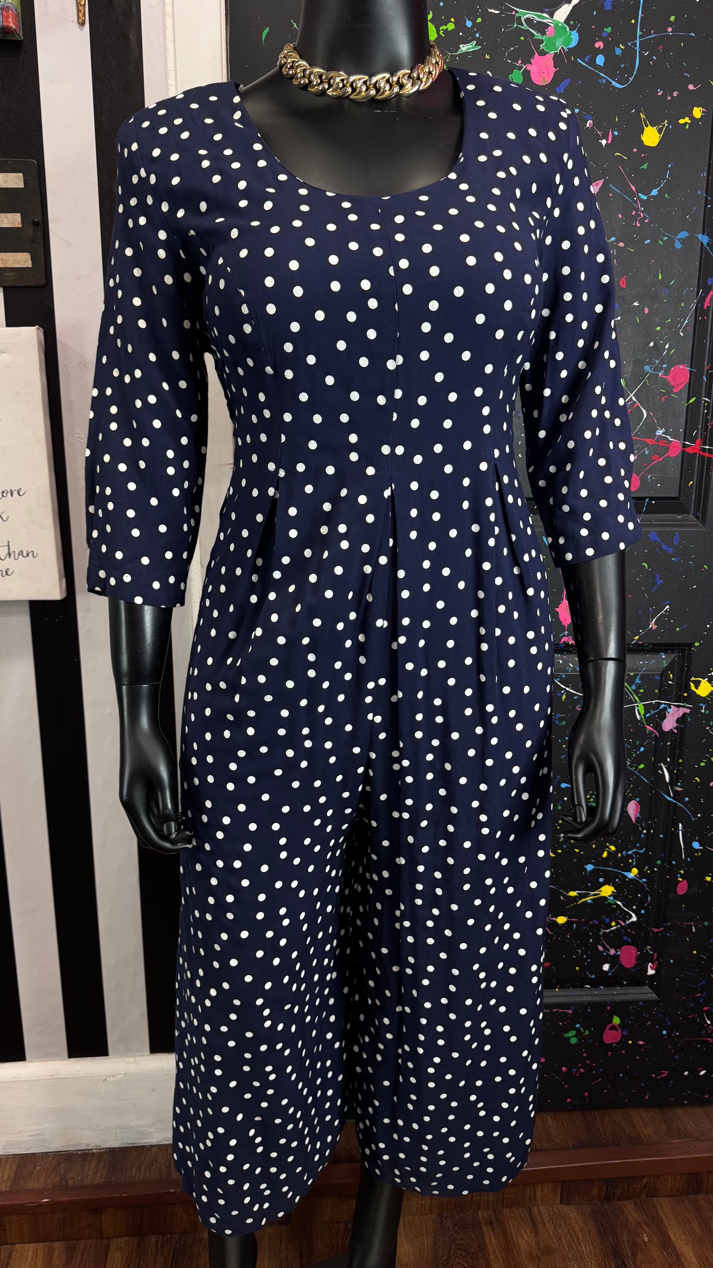 Vintage Navy & White Polka Dot Pleated Romper (18)