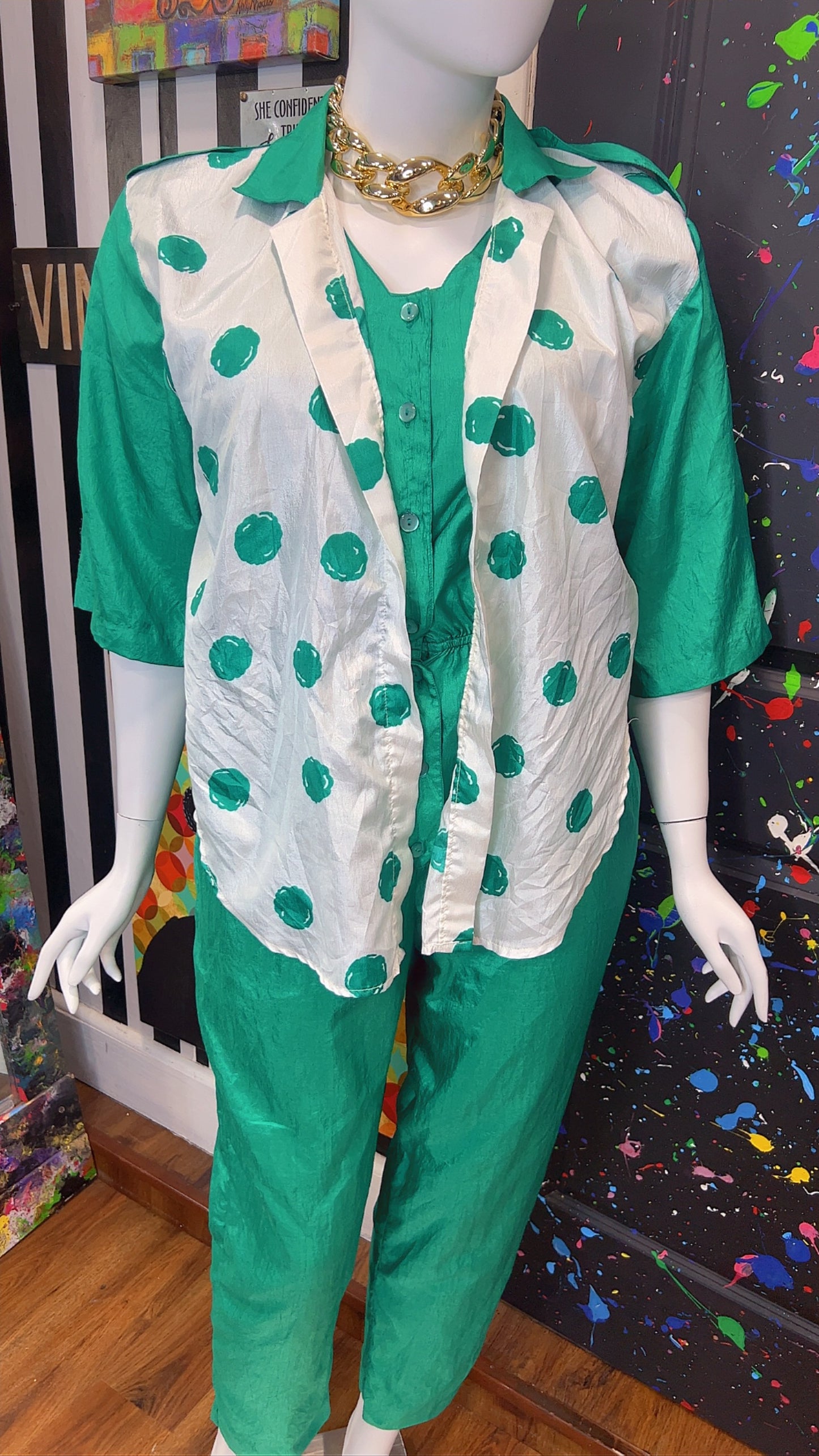 Vintage Green Jumpsuit w/ White & Green Polka Dots (14W)