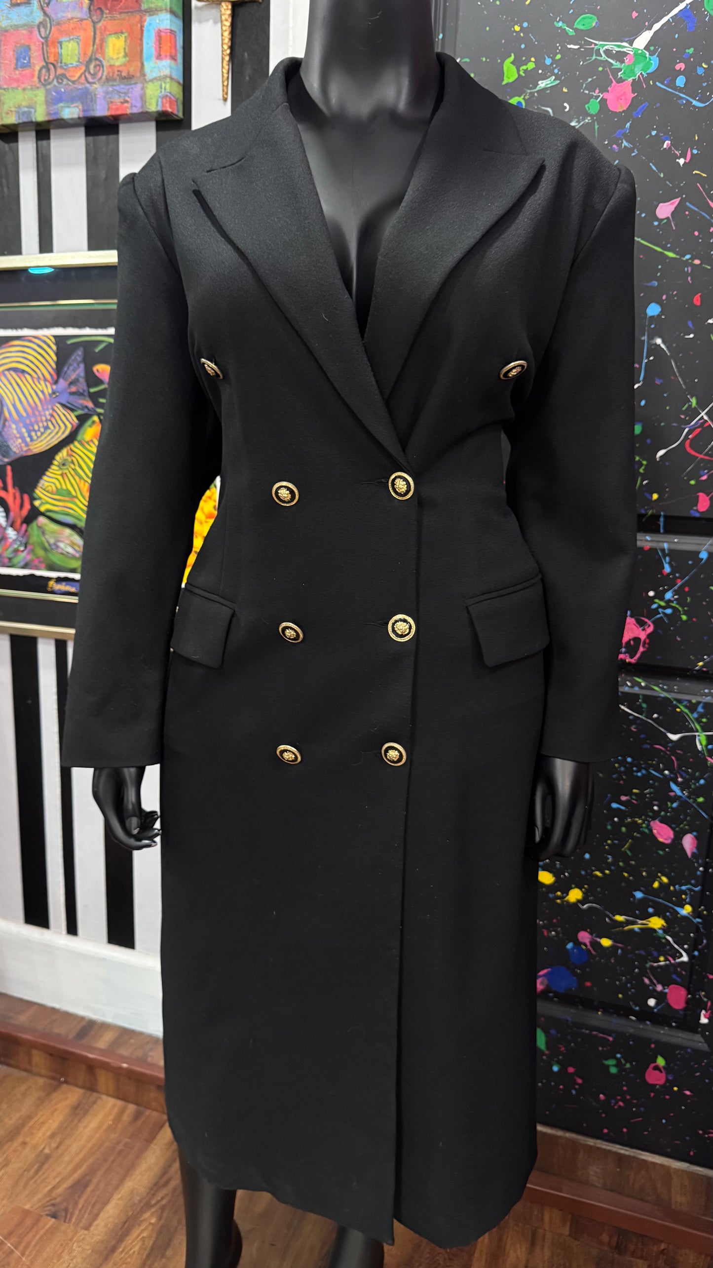 Vintage Black Blazer Dress w/ Gold Lion Buttons (20W)