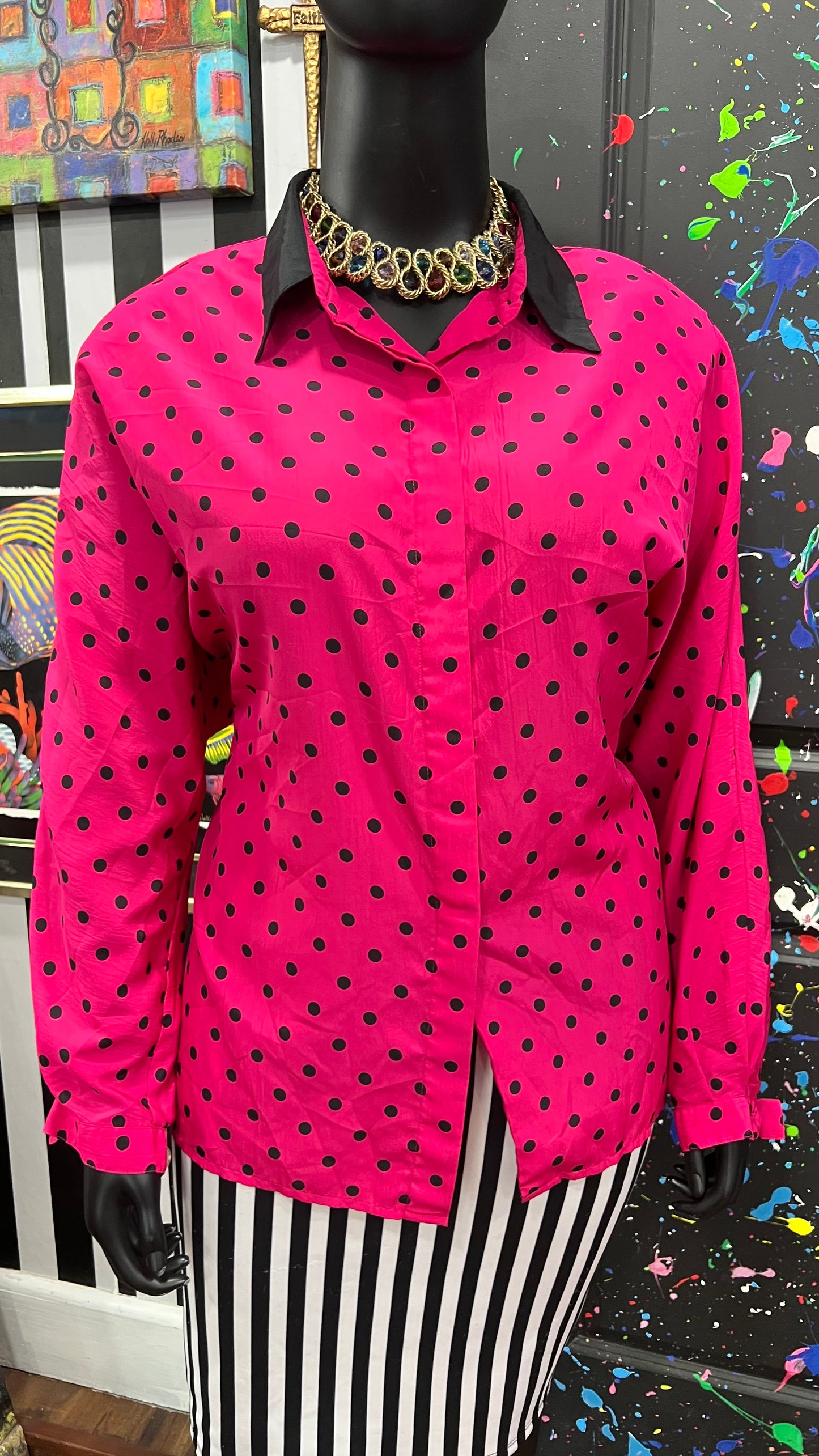Vintage Pink & Black 80s Long Sleeve Blouse (22W)