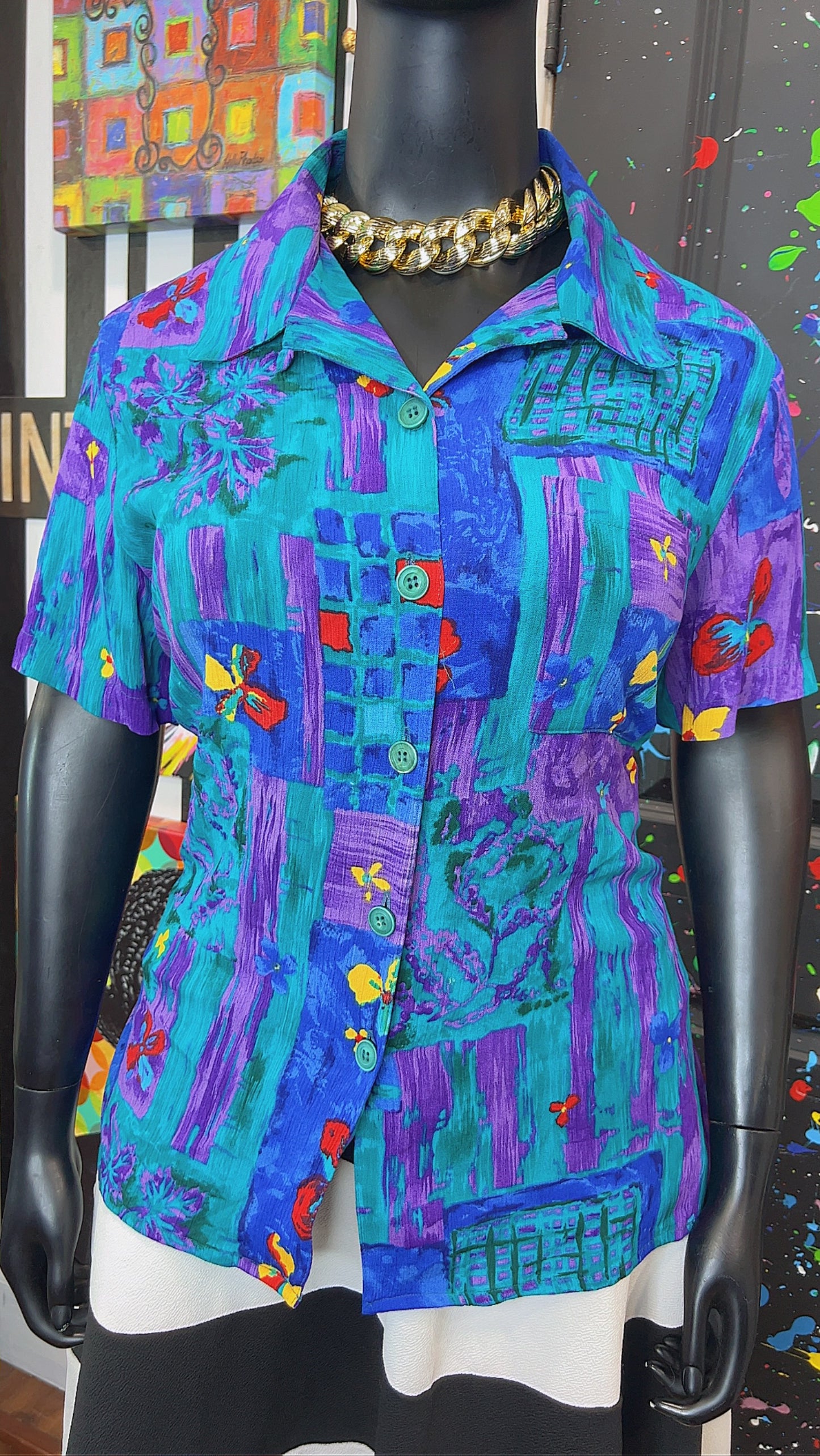 Vintage Rayon Watercolor Floral Blouse (22)