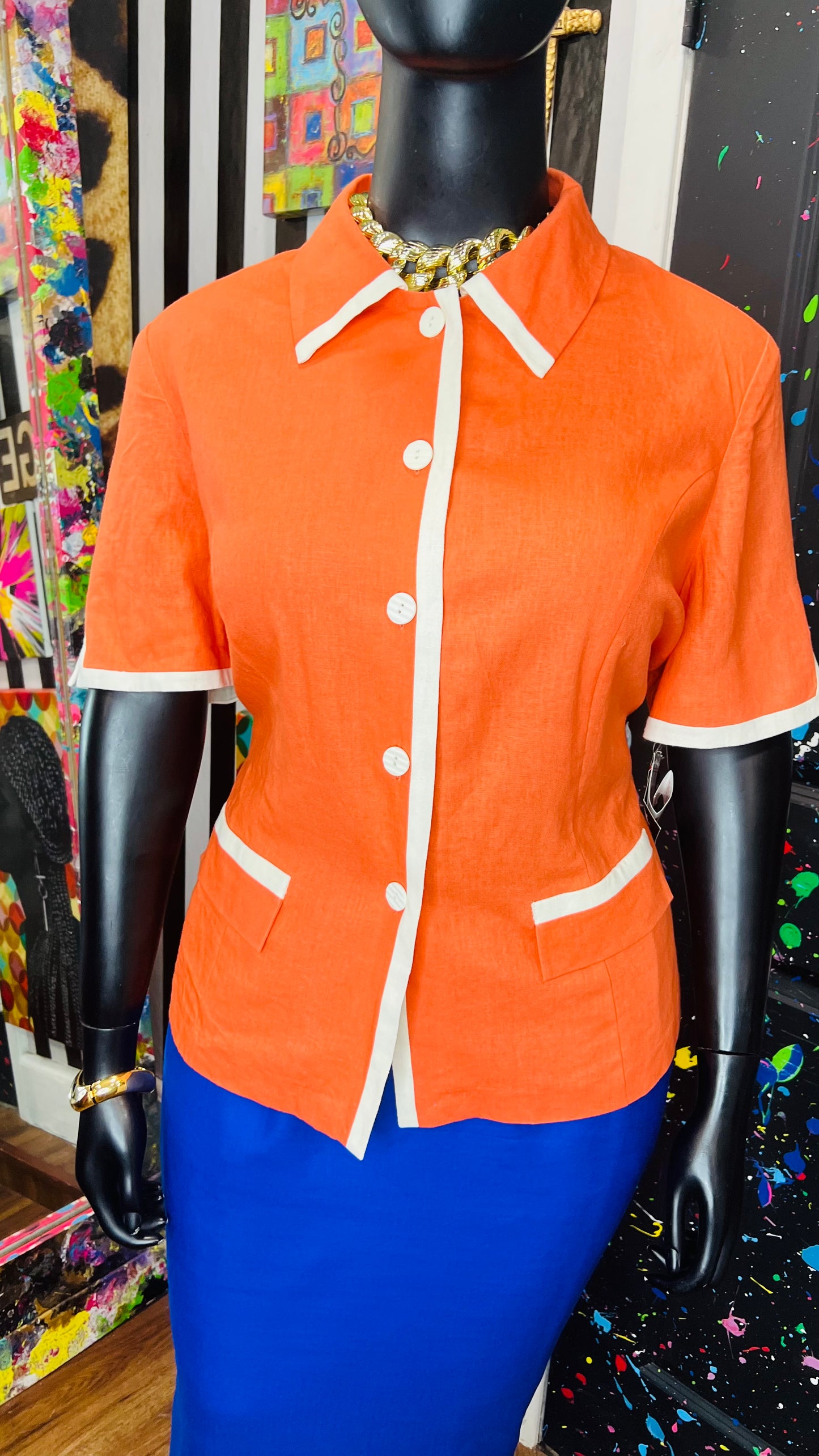 Vintage Deadstock Orange & White Blazer Blouse (20W)