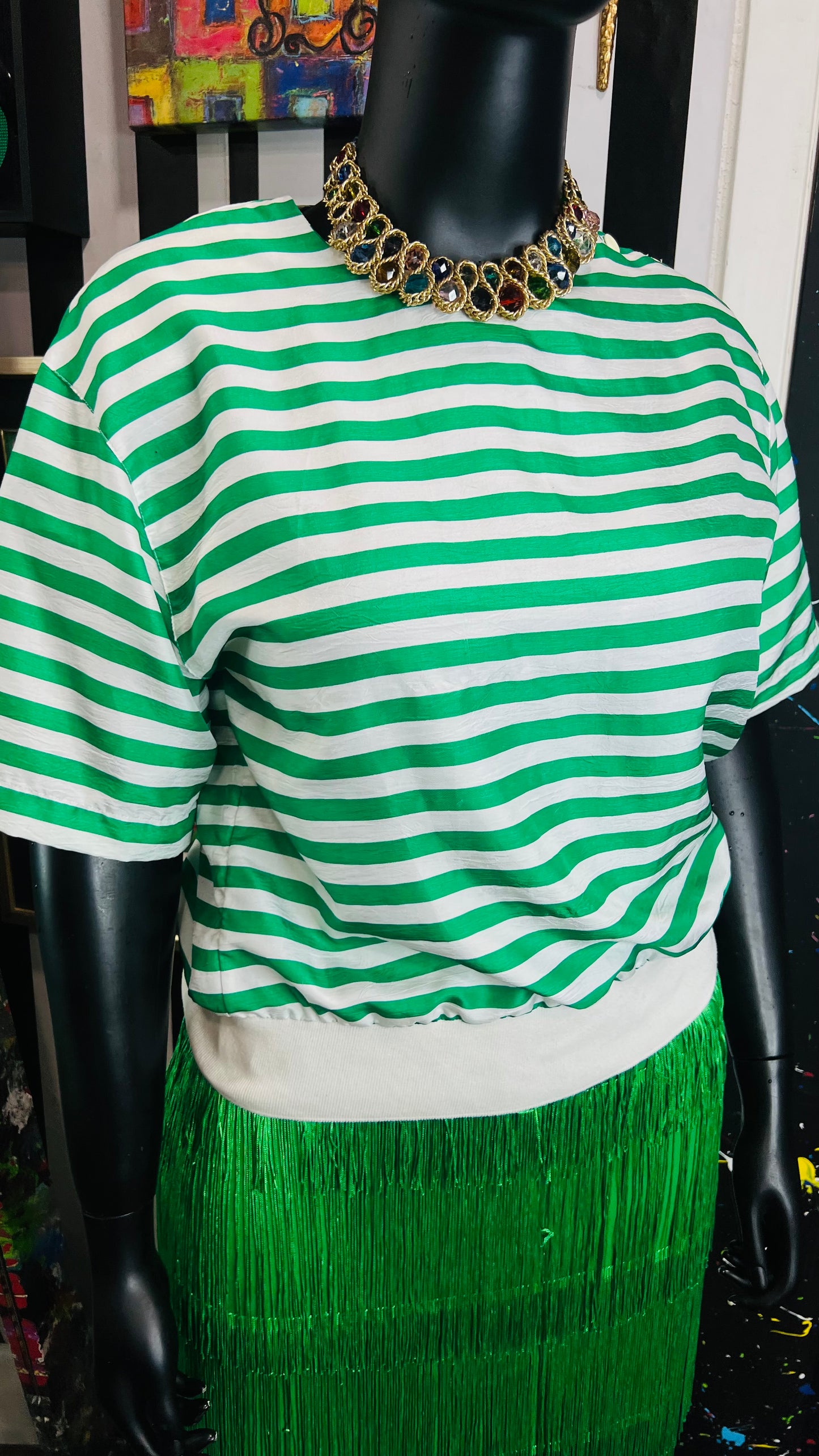 Vintage Green & White 100% Silk Blouse (12)