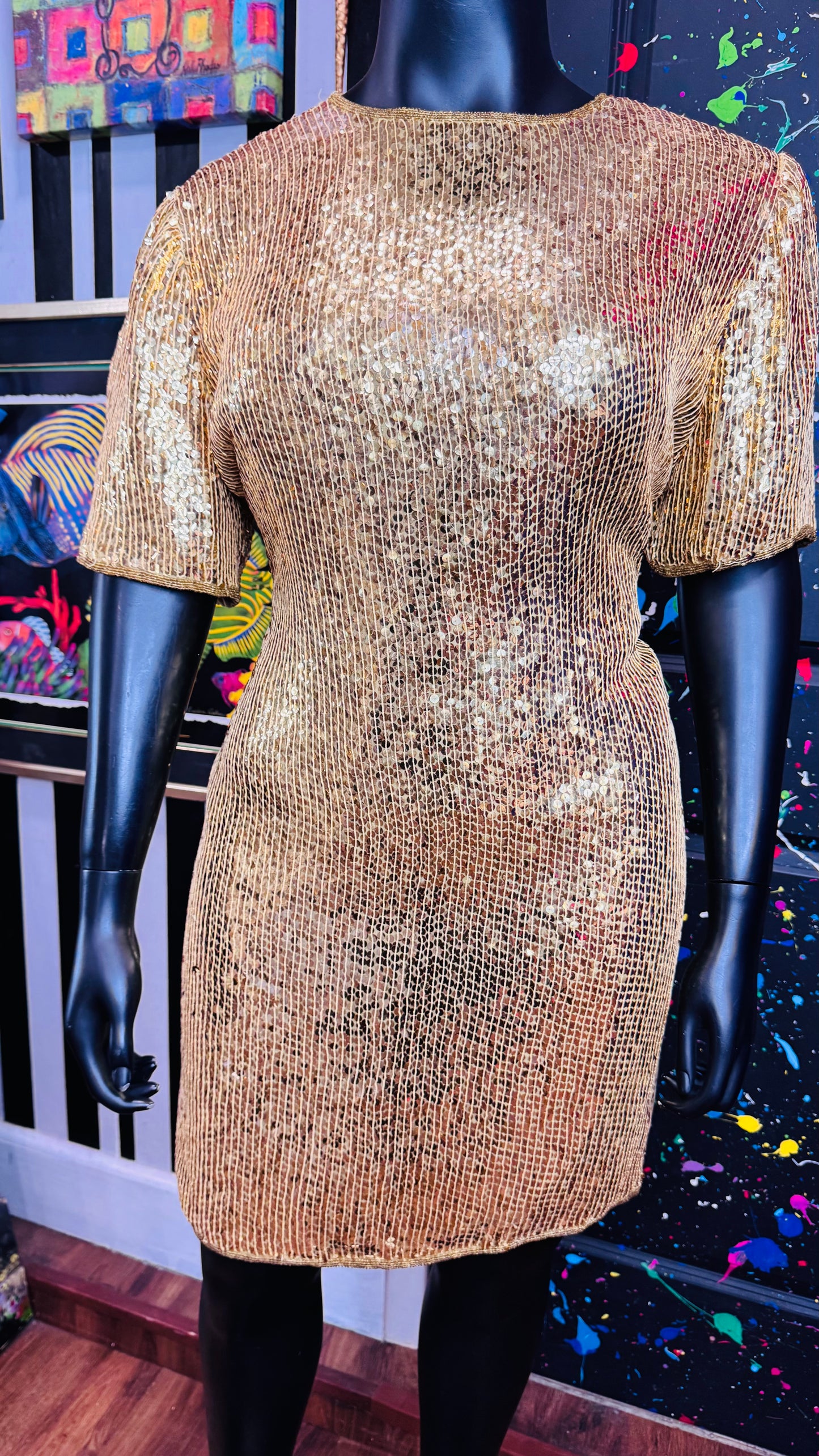 Vintage Gold Lawrence Kazar 100% Silk Sequin Dress (18)