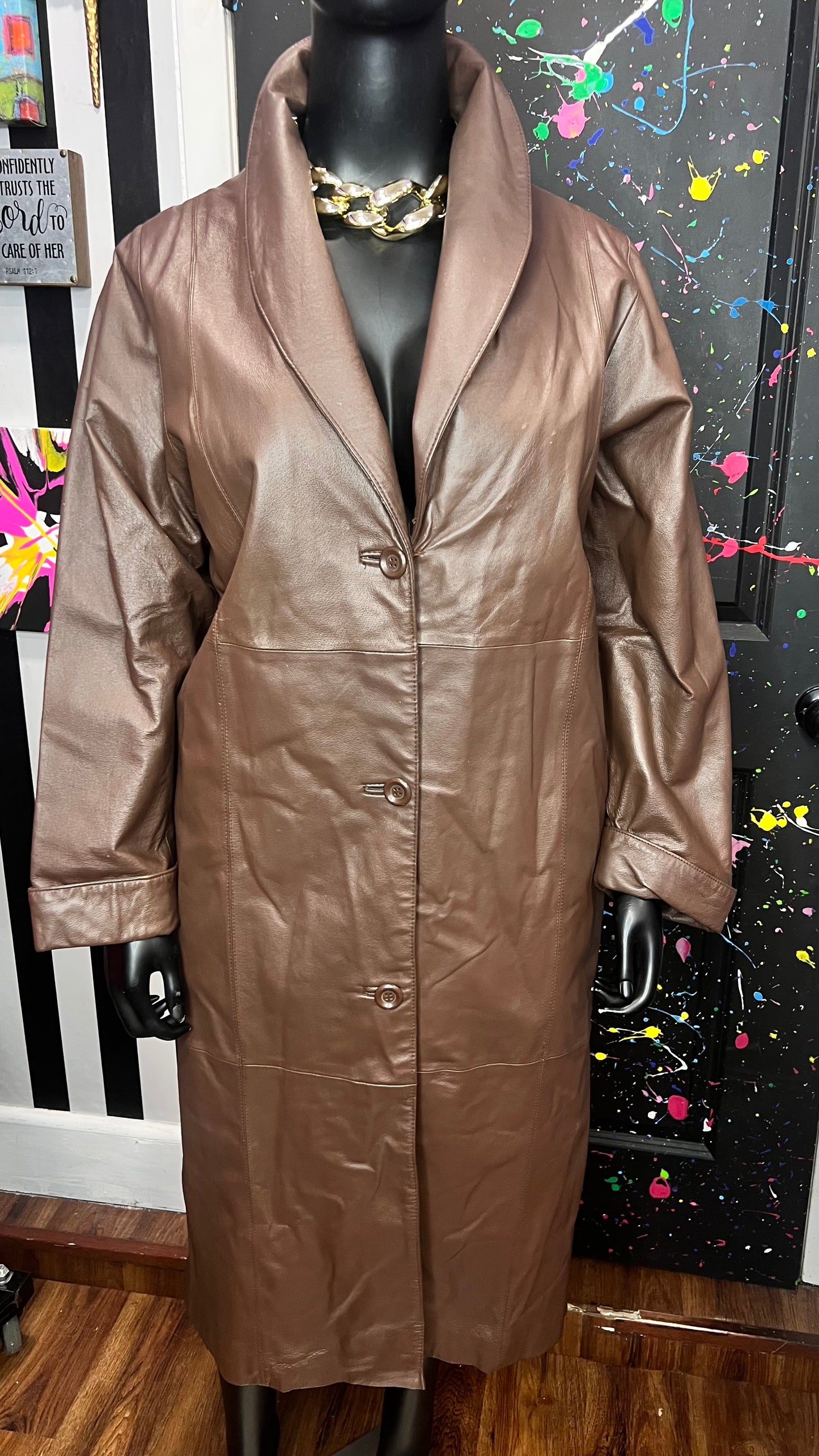 Vintage Chocolate Brown Genuine Leather Trench Coat (16)