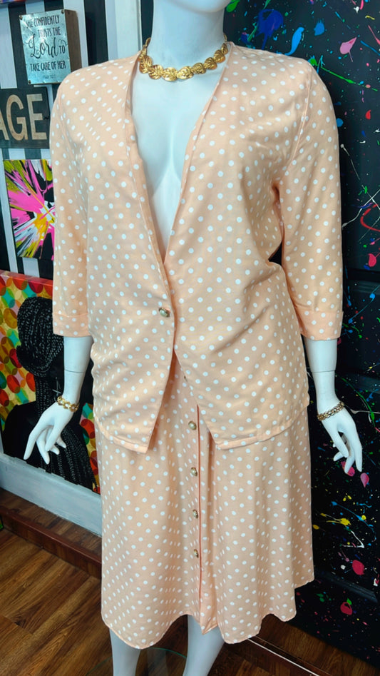 Vintage Peach Polka Dot & White Skirt & Blazer Set (16/18)