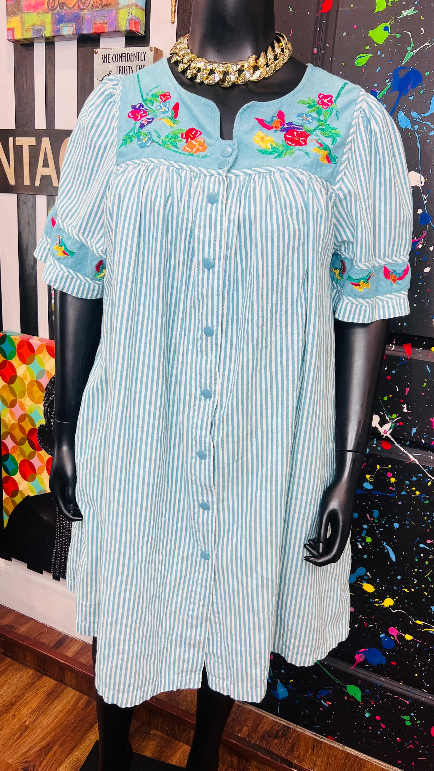 Vintage Striped Cotton House Dress- Blue & White (18/20)