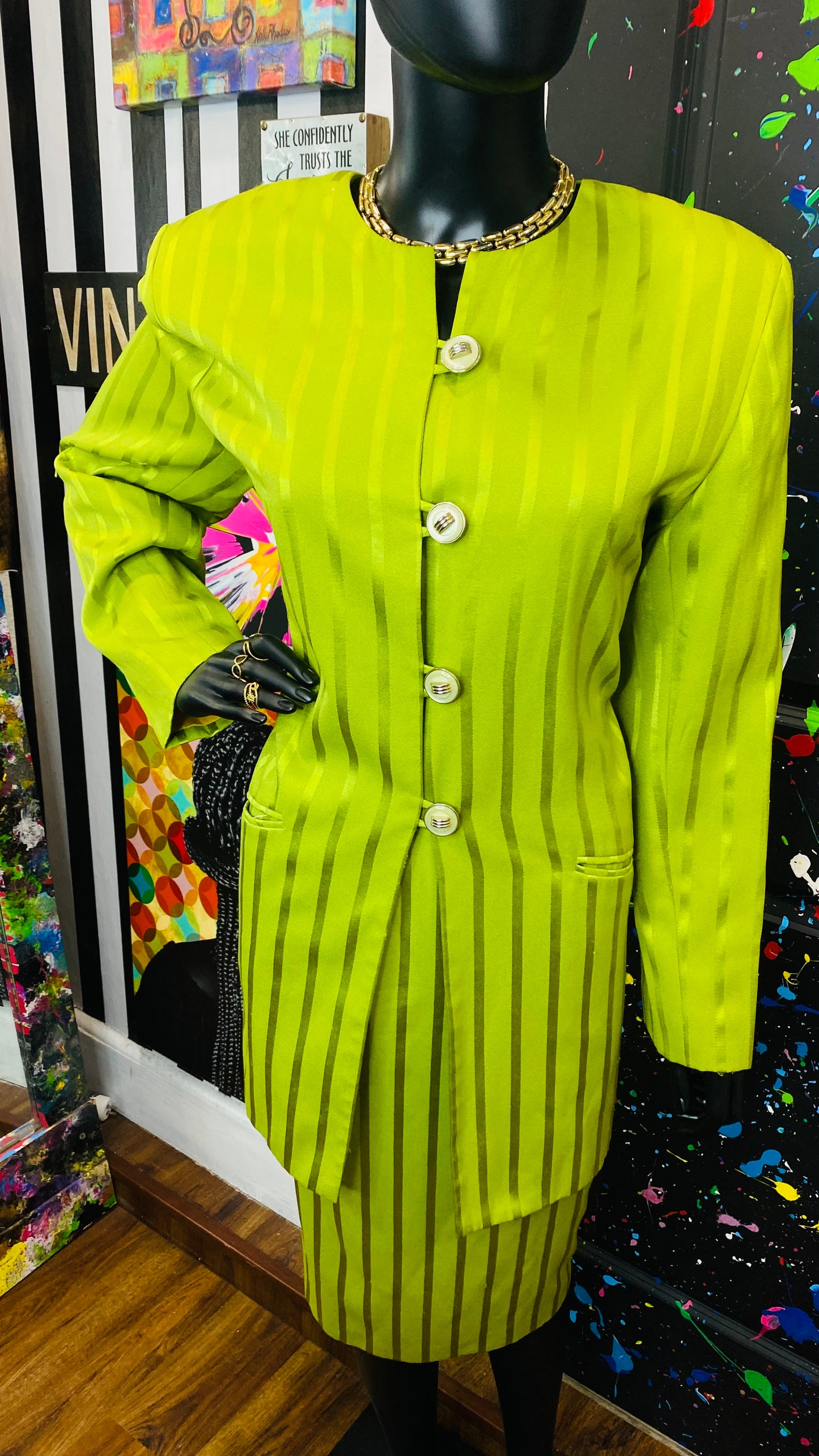 Vintage Green Striped Skirt Suit (14)