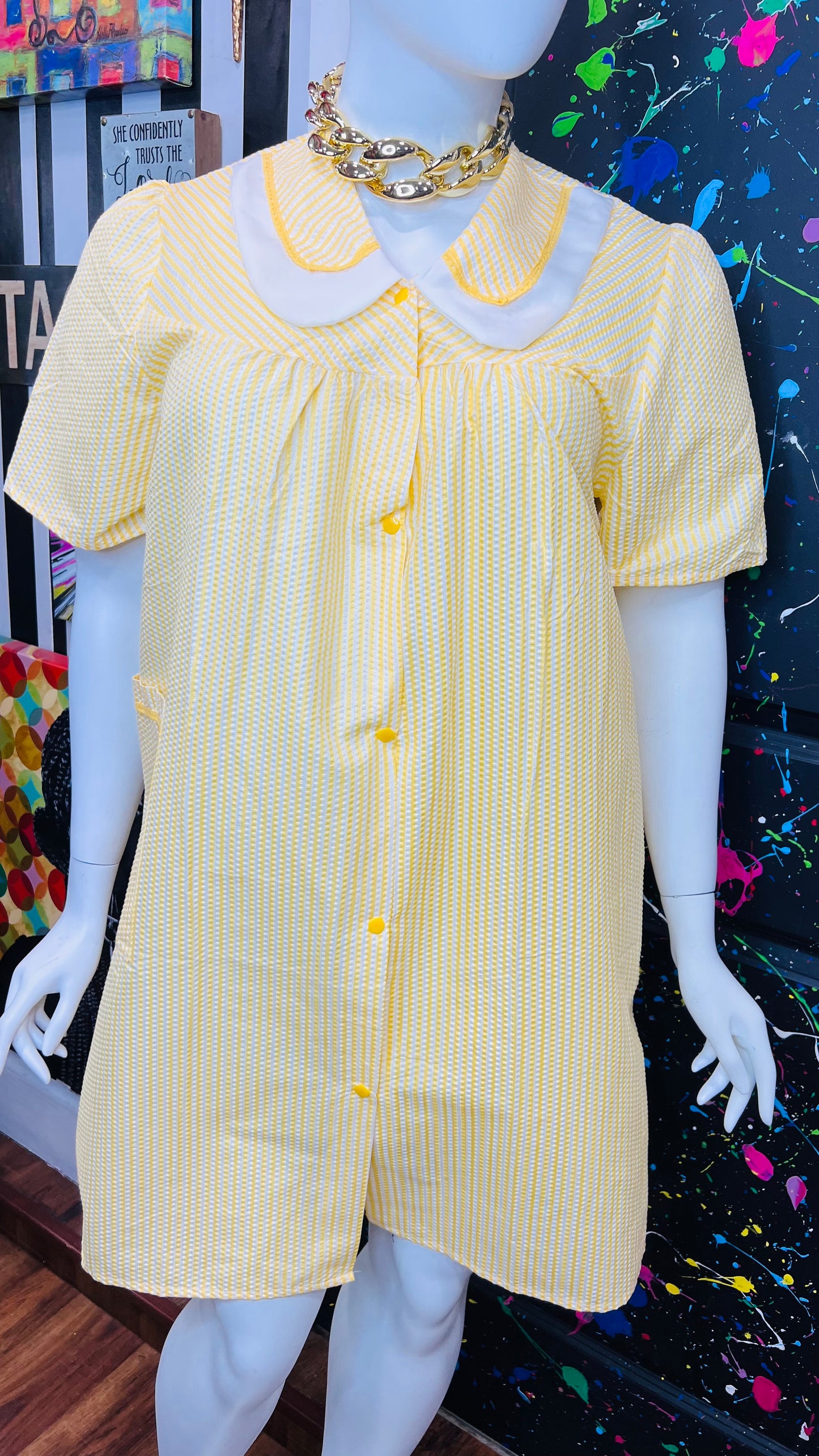 Vintage Yellow & White Striped Night Gown- Dead Stock New w/Tags (14)