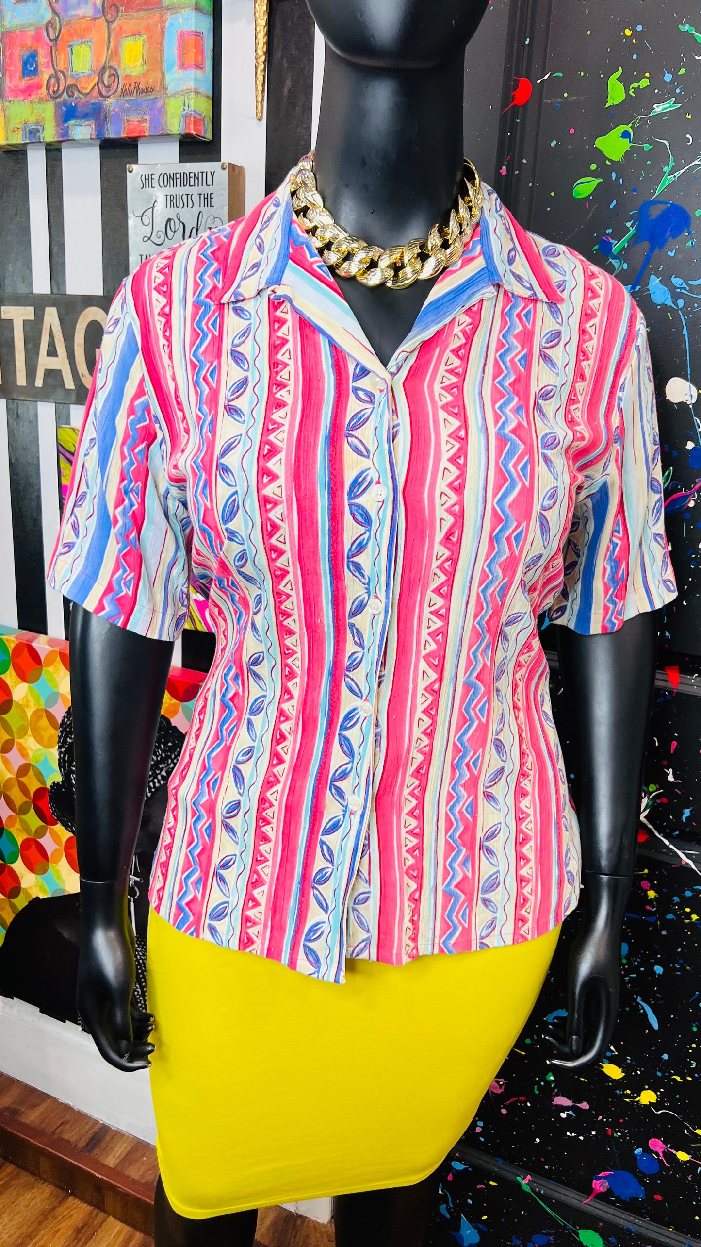 Vintage Rayon Tribal Print Pastel Blouse (14)