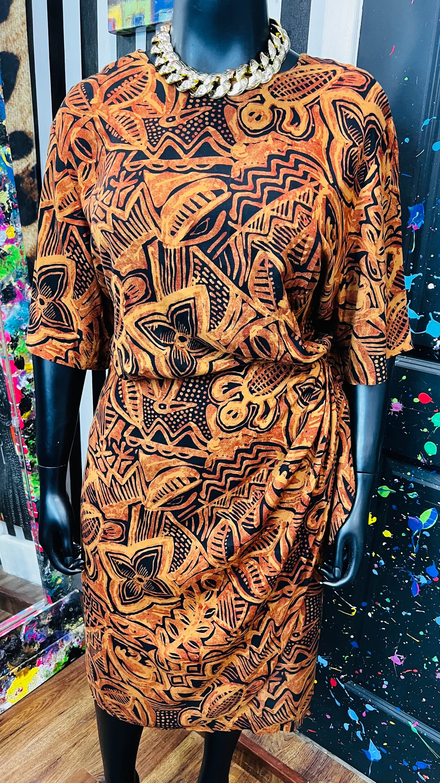 Vintage Rayon Sarong Style Tribal Print Dress (28) - Fits Like a 22