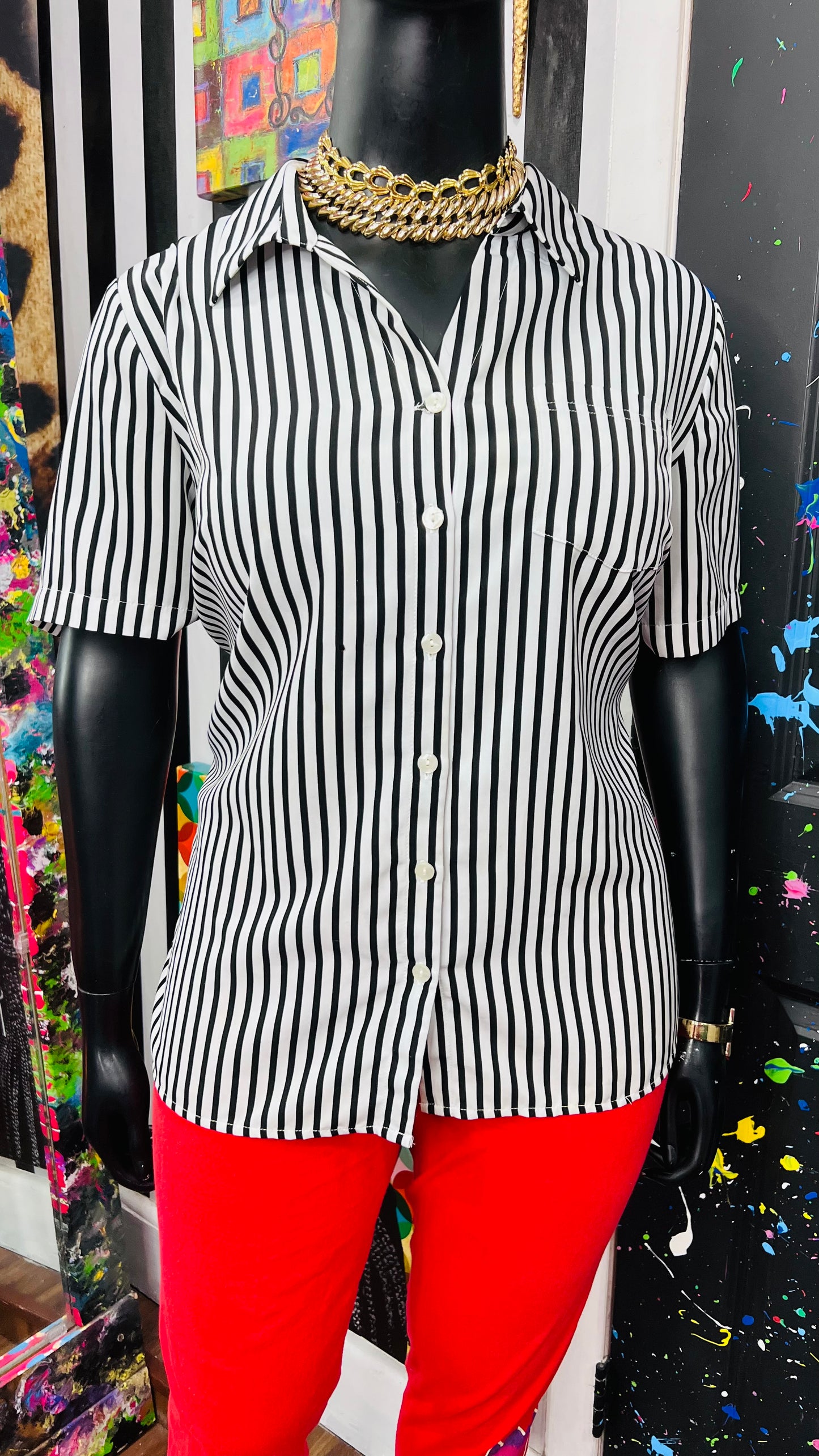 Vintage Black & White Striped Blouse (18)