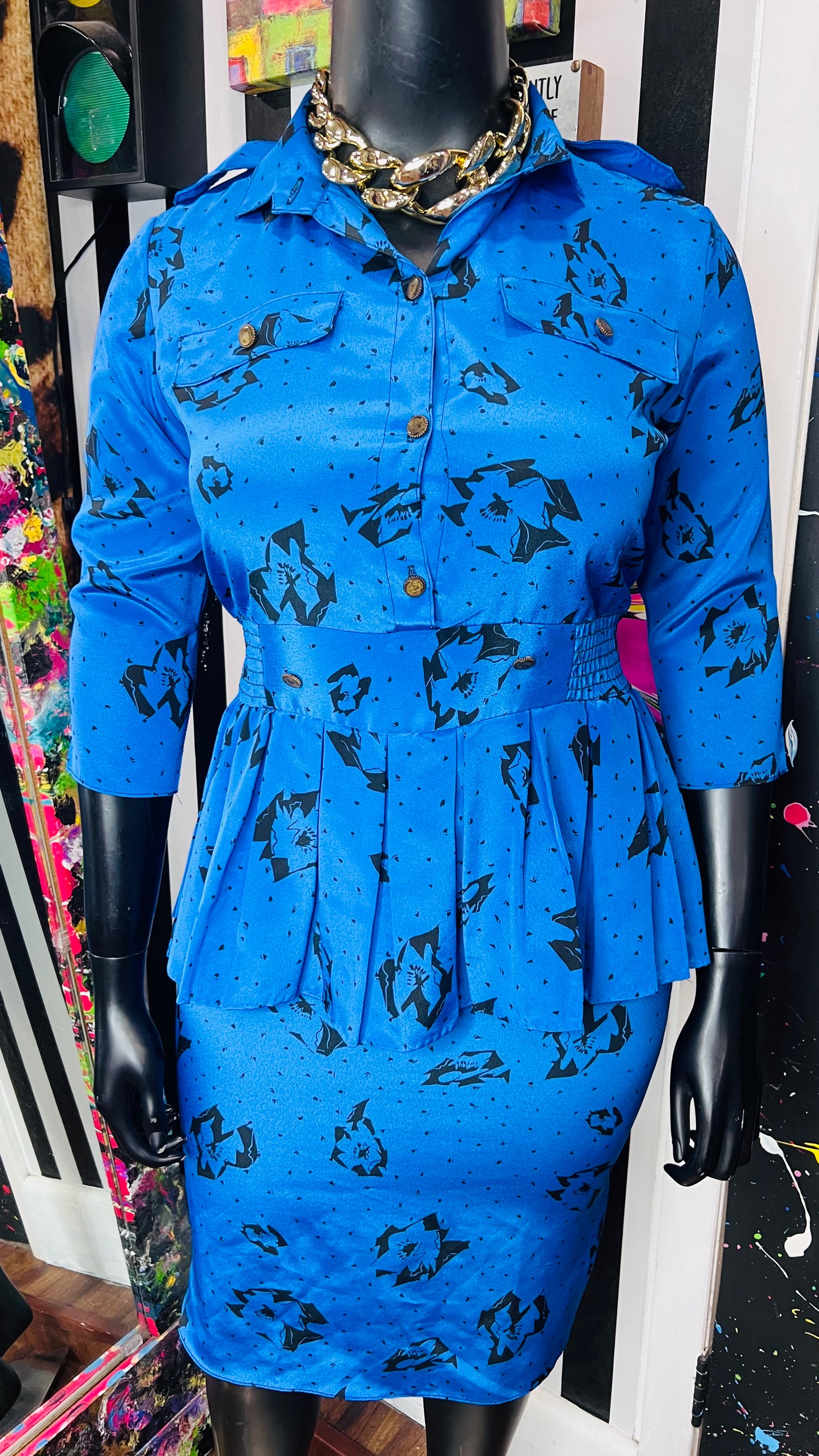 Vintage Blue & Black Peplum Dress (12)
