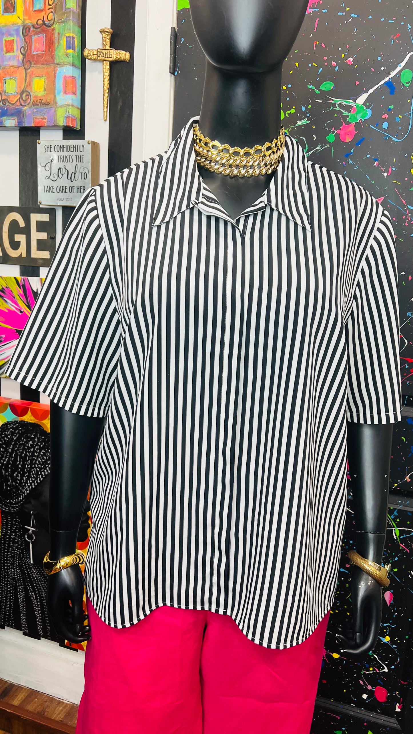 Vintage Black & White Striped Blouse (22)