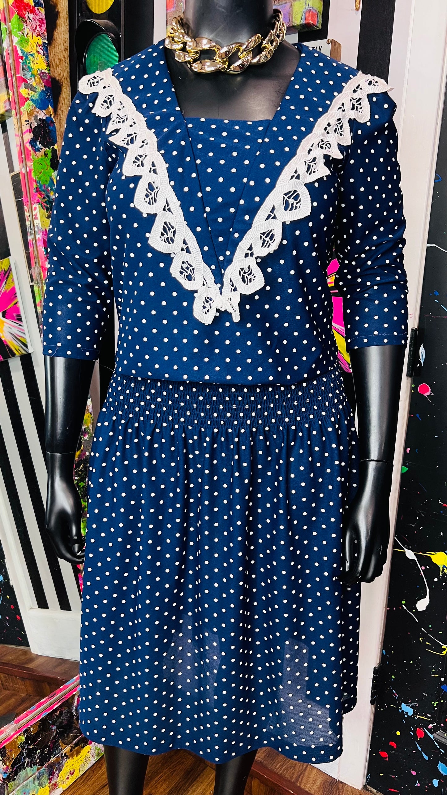 Vintage Navy Blue & White Polka Dot Dress (12)