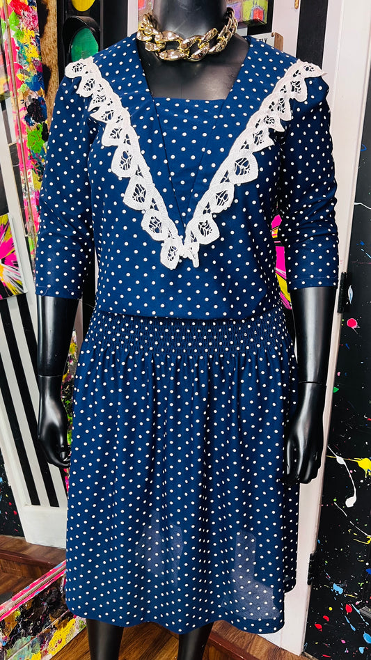 Vintage Navy Blue & White Polka Dot Dress (12)