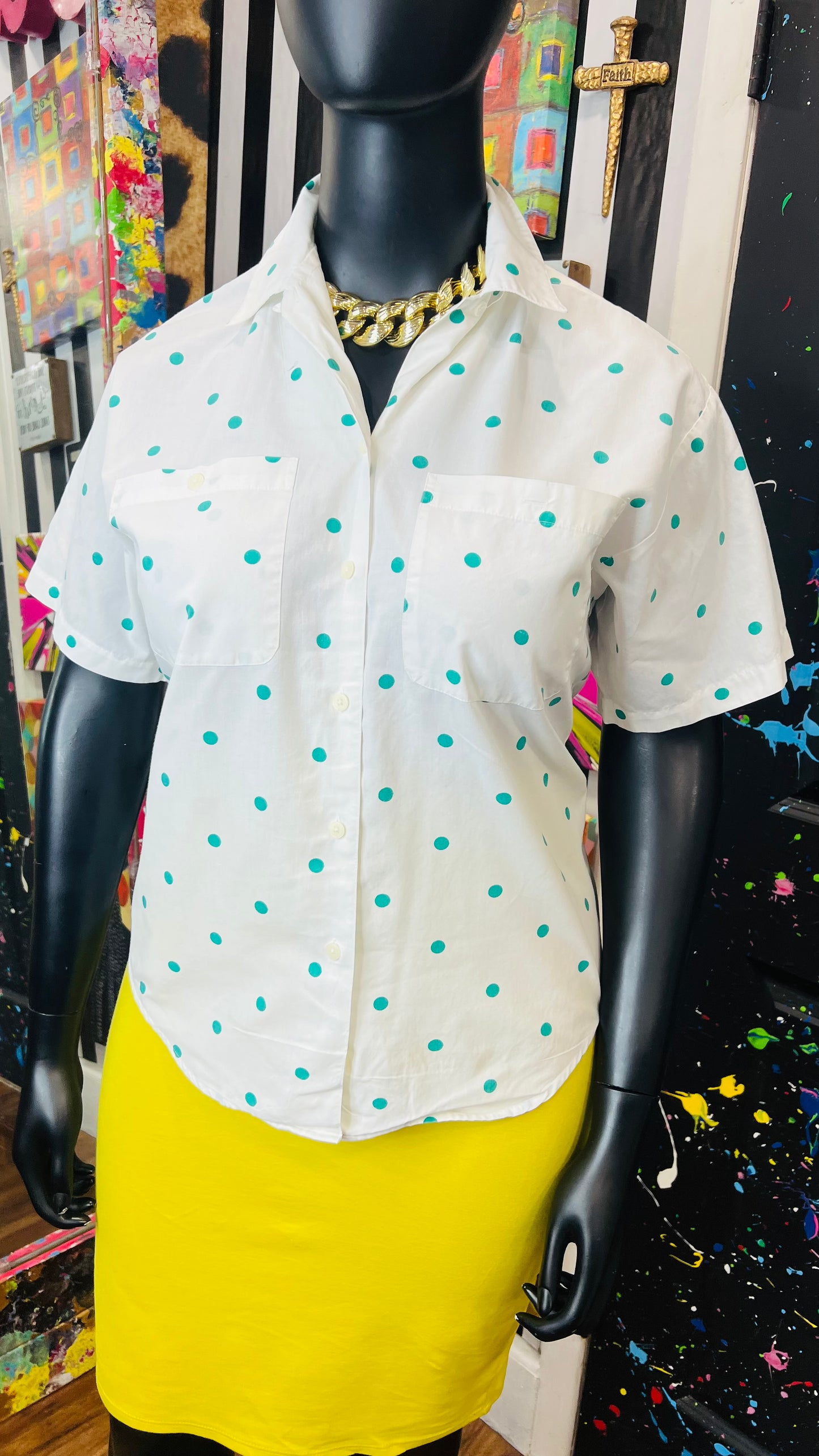 Vintage Teal & White Polka Dot Blouse (16)