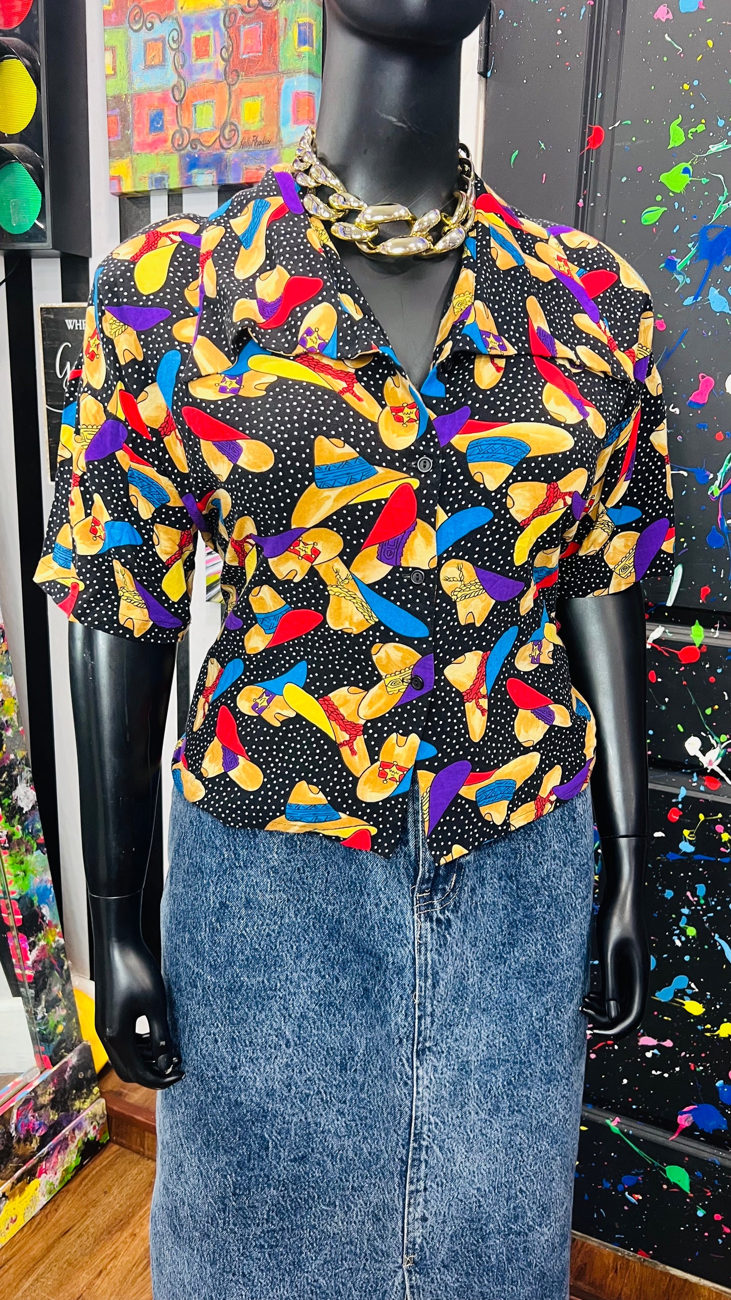 Vintage Rayon Polka Dot & Cowboy Hat Cropped Blouse (22)