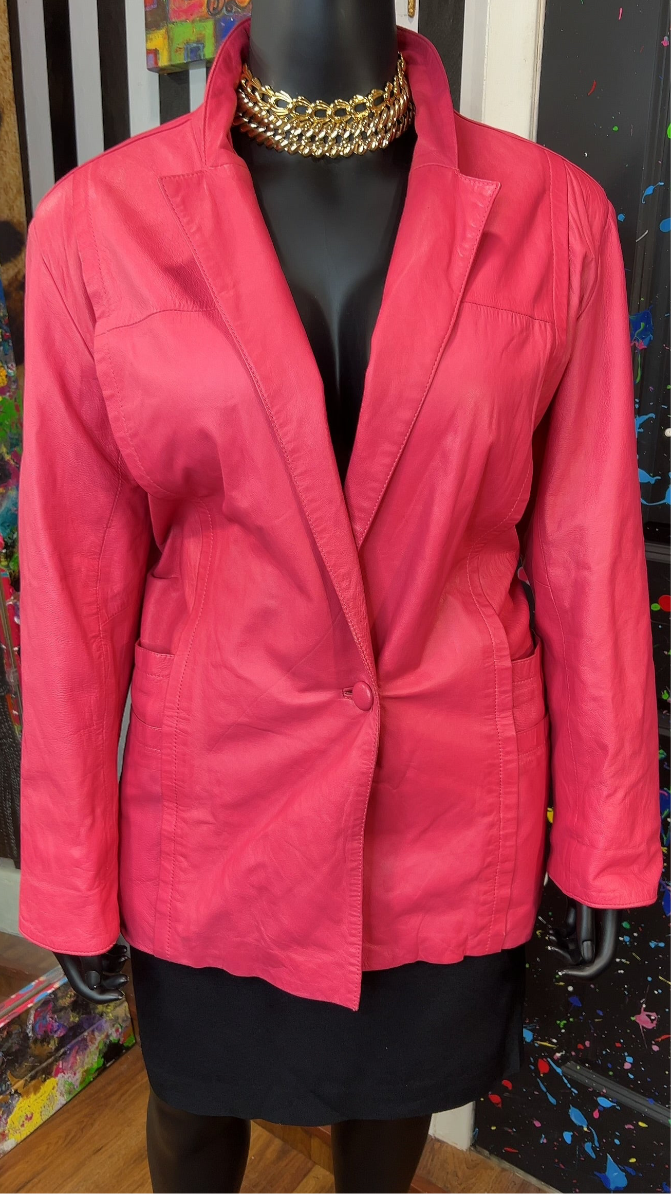 Vintage Genuine Leather Pink Blazer Coat (18)