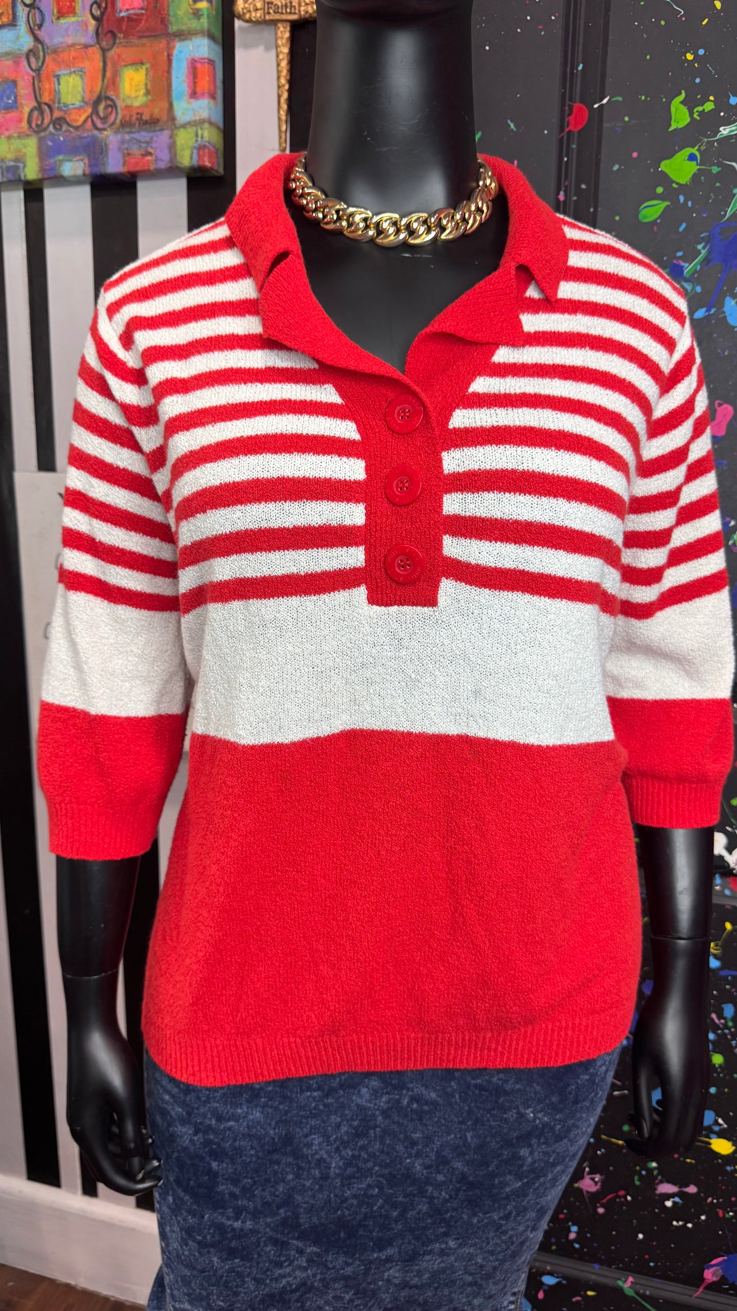 Vintage Red & White Striped Short Sleeve Blouse (24/26)