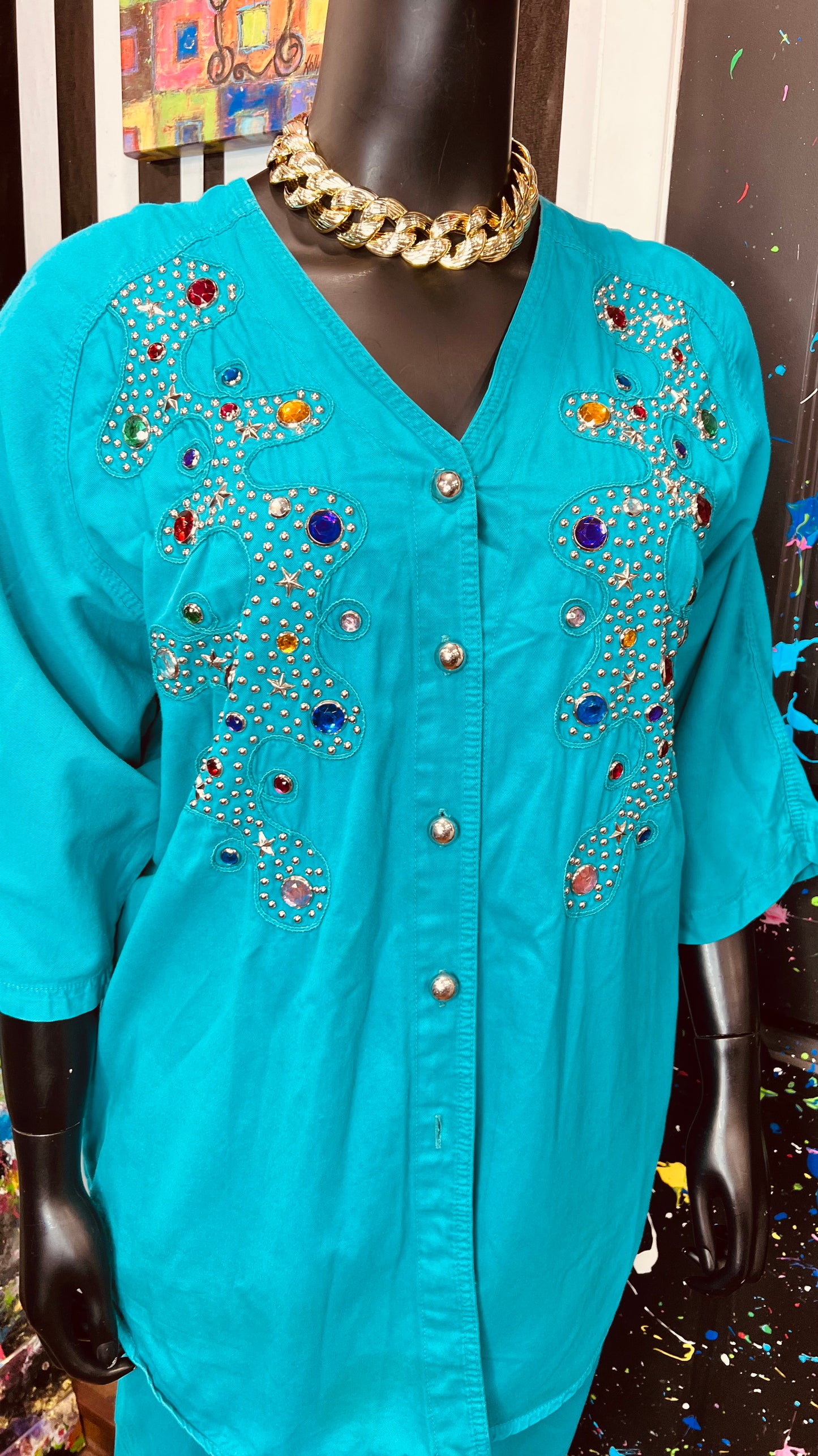 Vintage Teal Denim Jewel & Studds Pants Set (22/24)