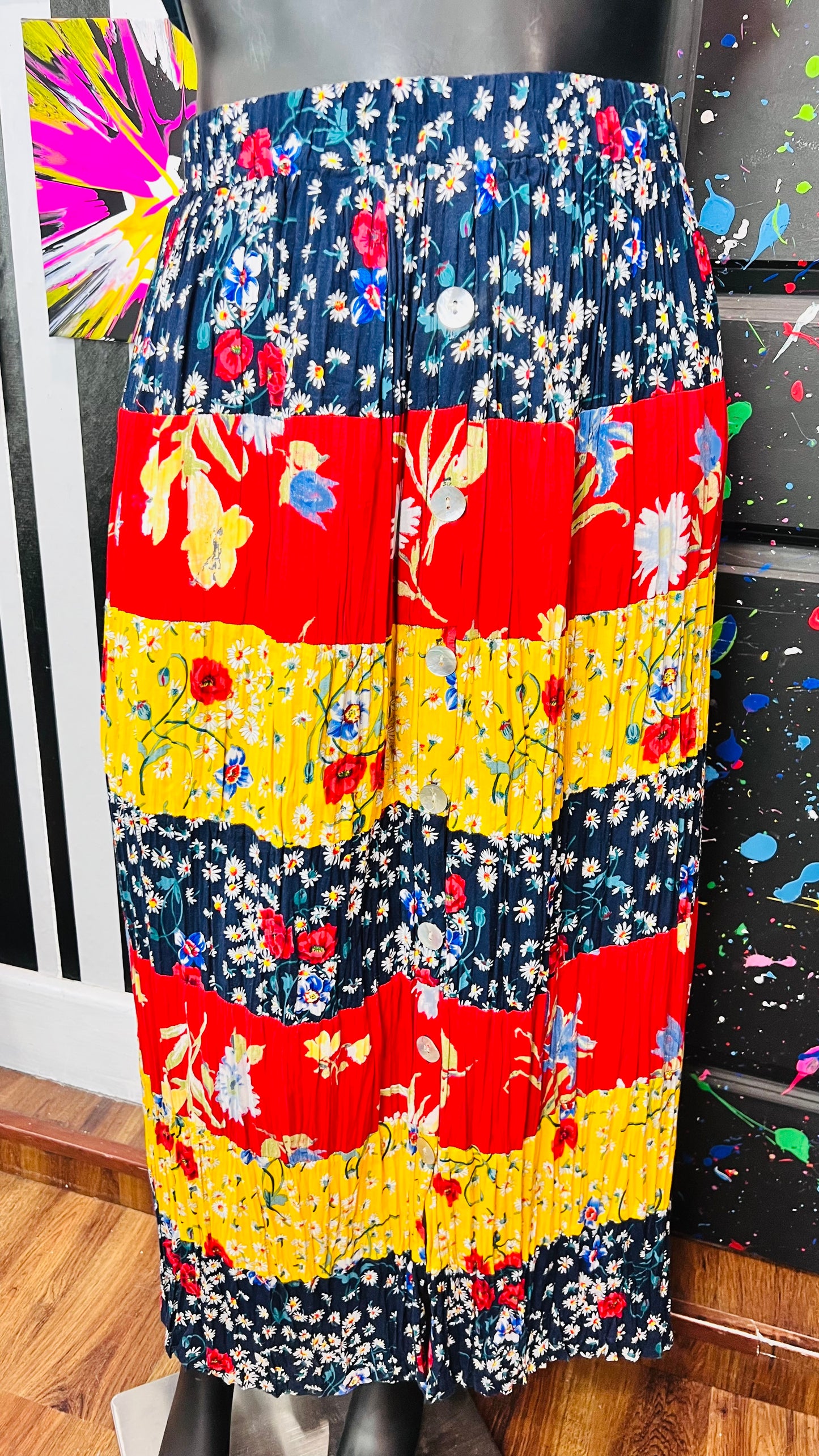 Vintage Rayon Patchwork Button Down Front Skirt (22/24)