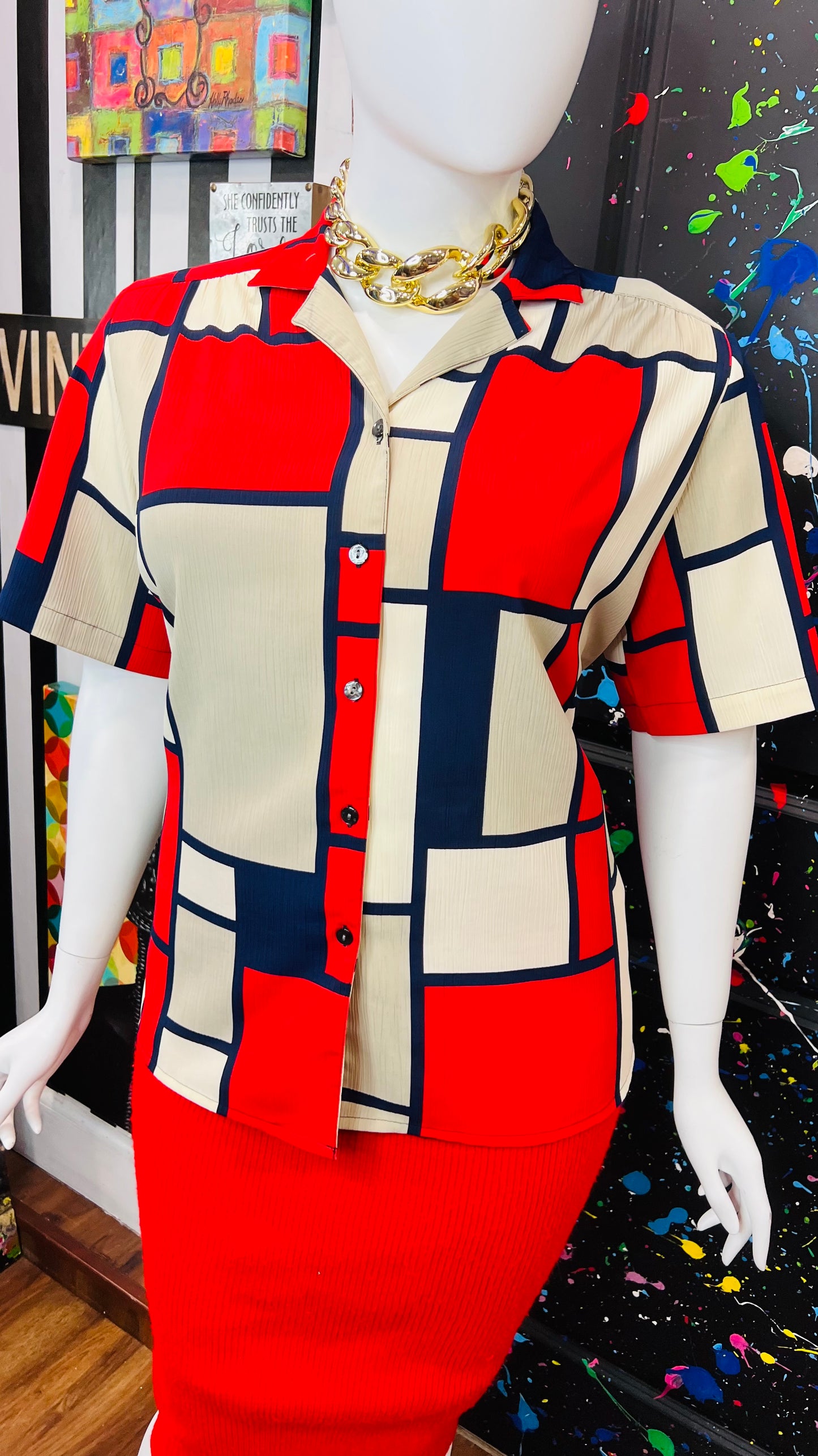 Vintage Navy Blue, Red & Cream Block Blouse (18W)